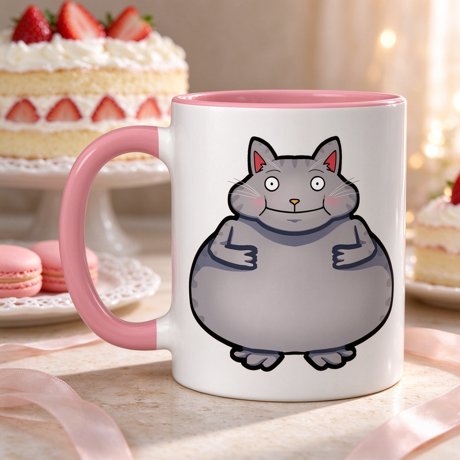 Fat Gray Cat Meme Cute Kawaii Art Ceramic Mug, Pink/White