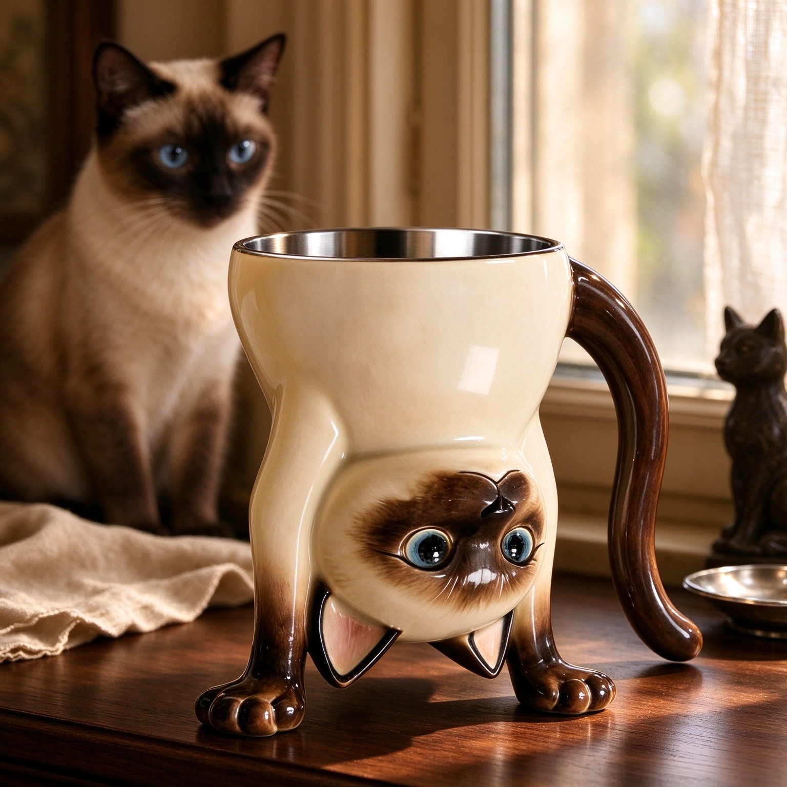 FACE N FACE Upside Down Siamese Cat Mug, Coffee Cup & Ice Cream Holder