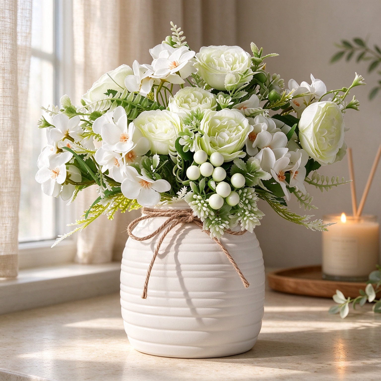 Artificial Flowers with Ceramic Vase, Faux Silk Peony & Hydrangea Bouquet