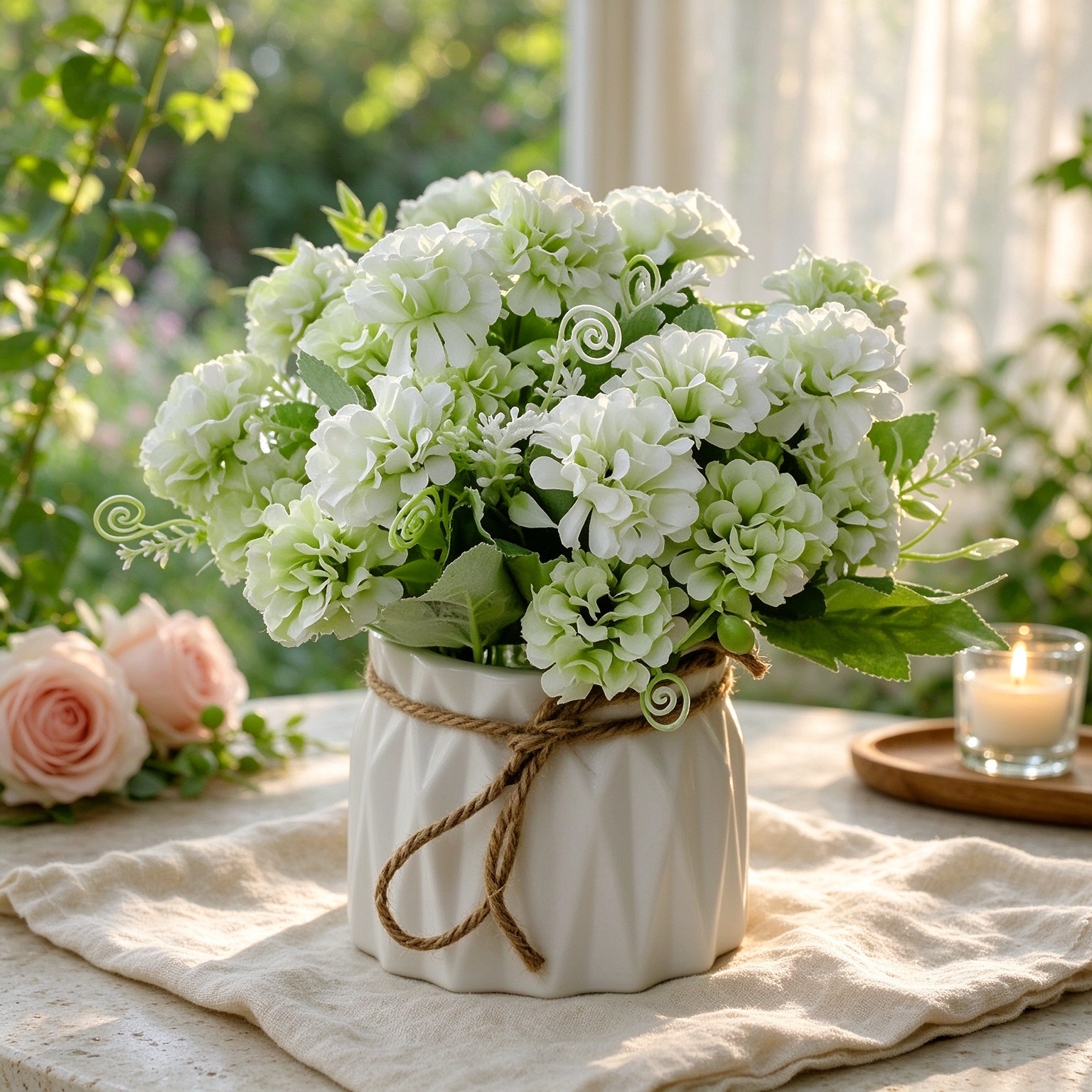 TKAS Fake Flowers Arrangement in Ceramic Vase, Artificial Faux Silk Hydrangea, Small Realistic Dried-Style Floral, Dining Table Centerpiece for Wedding Party Home Decoration (Green)