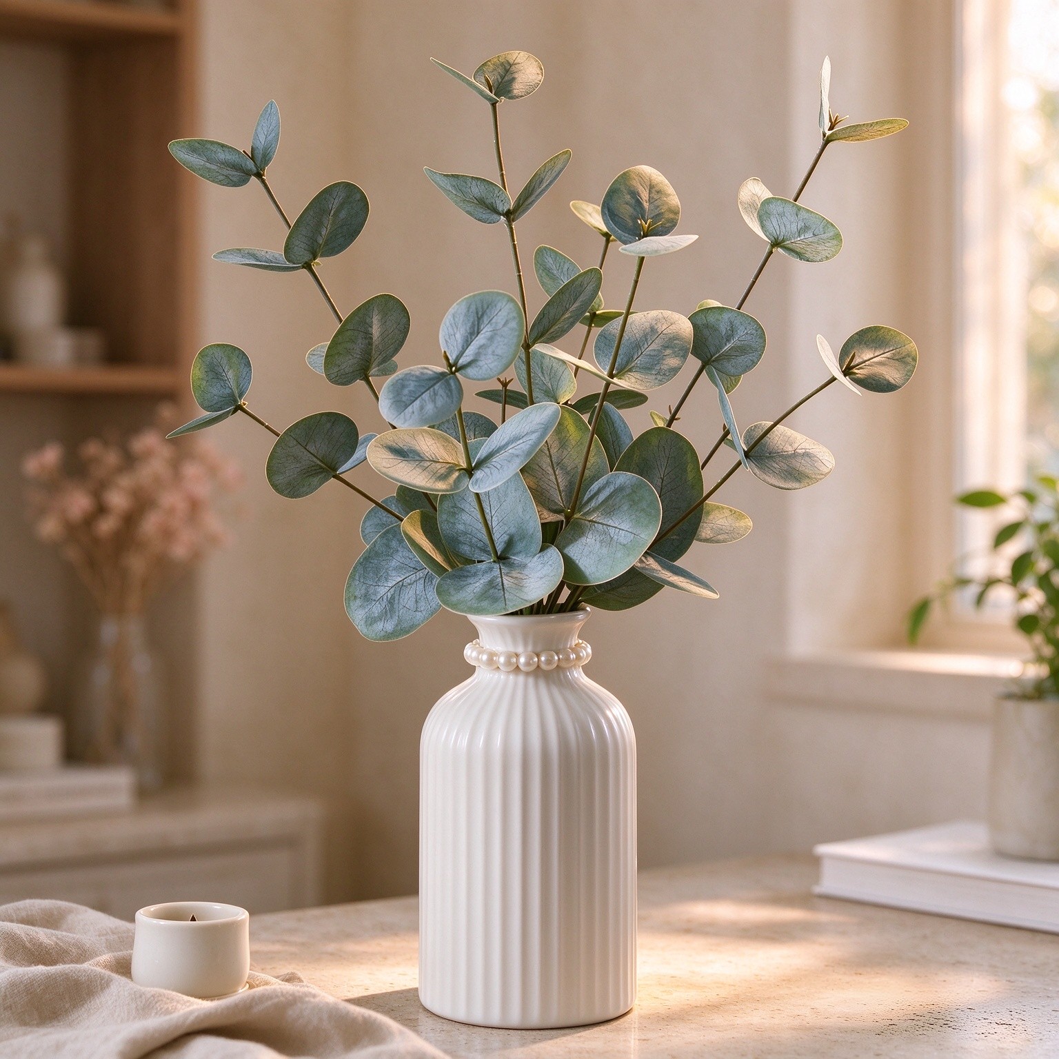 Artificial Eucalyptus Stems in Vase, Faux Plants with Frosted Ceramic Vase, Nordic Style Fake Green Plants with Bottle Set for Home Decor Indoor Centerpiece (Green Eucalyptus with White Vase)