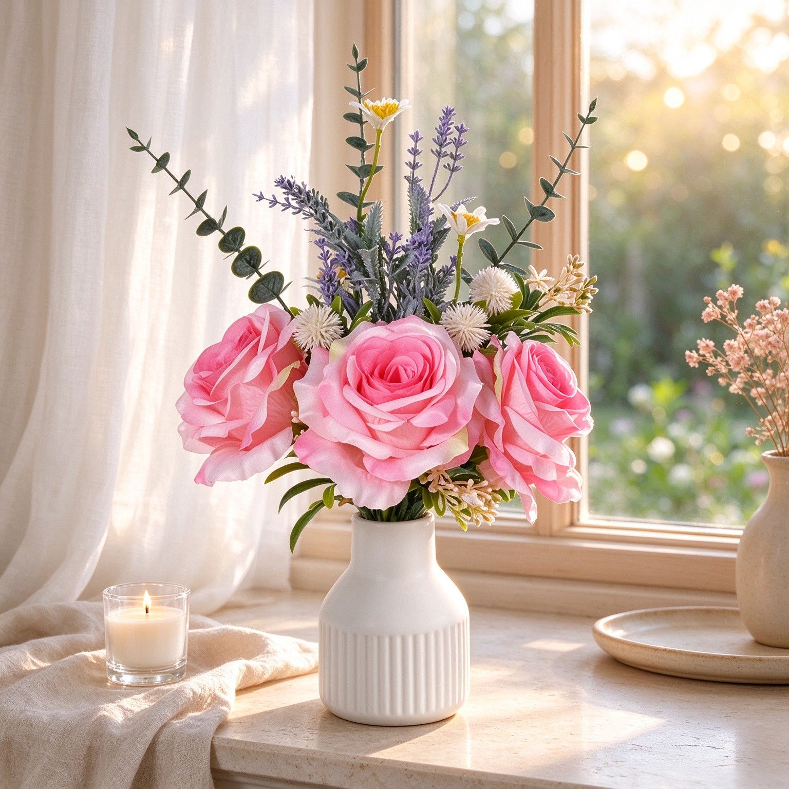 Artificial Flowers in Vase, Silk Roses Flowers Artificial Eucalyptus Lavenders Small Daisies and Fake Plants in White Ceramic Vase, Faux Flowers for Coffee Table Décor, Spring Decorations for Home