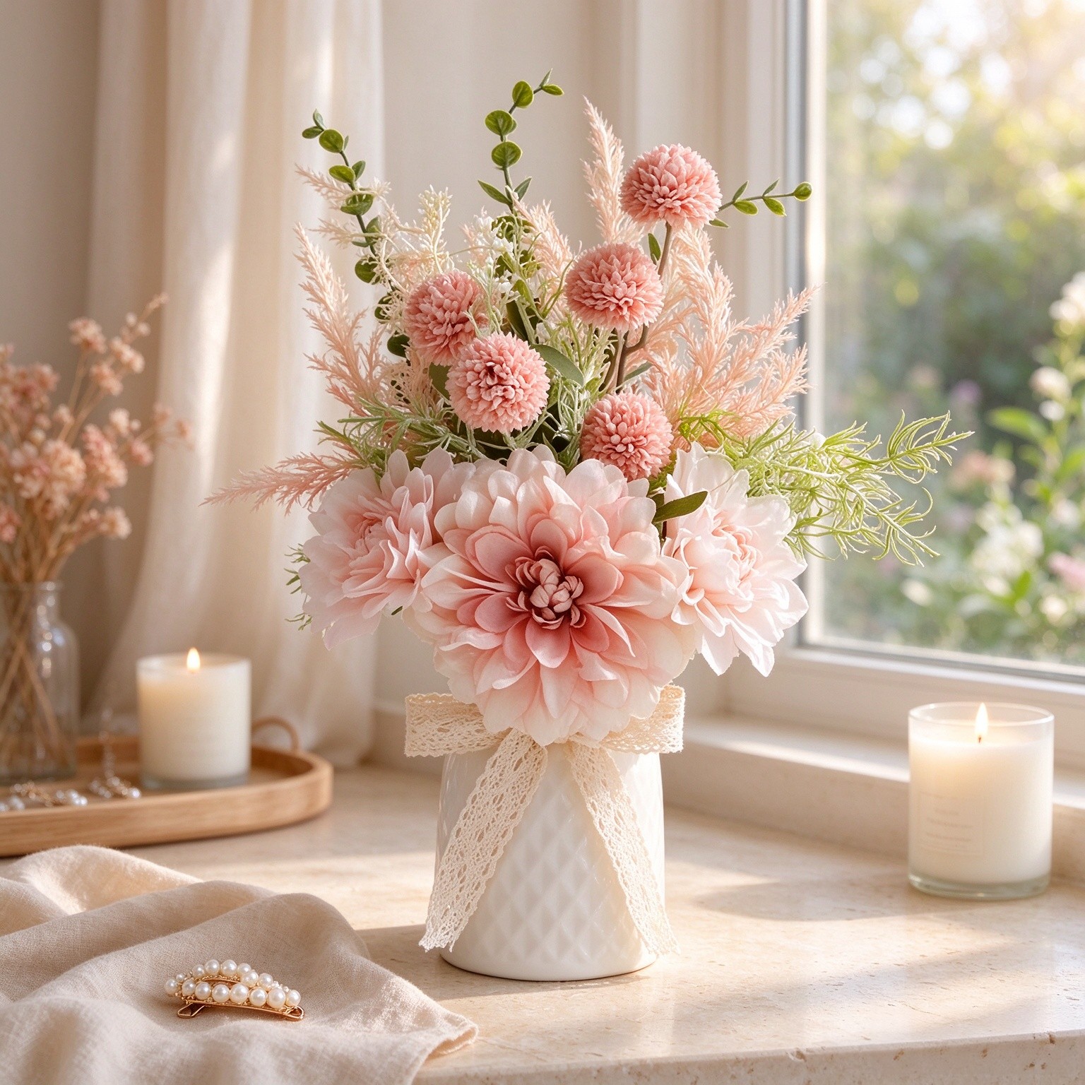 Artificial Flowers with Ceramic Vase Centerpieces – Spring Silk Pink Flower