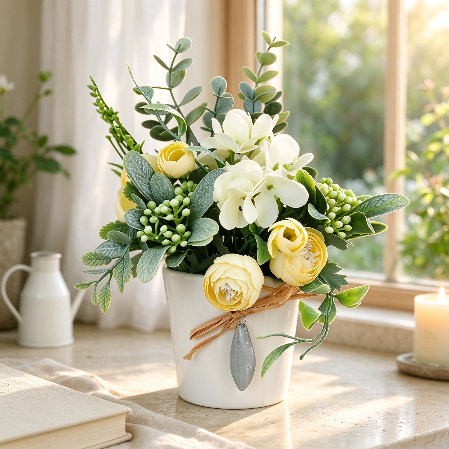 Faux Plants Artificial Indoor Potted Flower Arrangements Table Centerpiece Decoration Peony Silk Bouquet with Small Ceramic Vase Pink FA