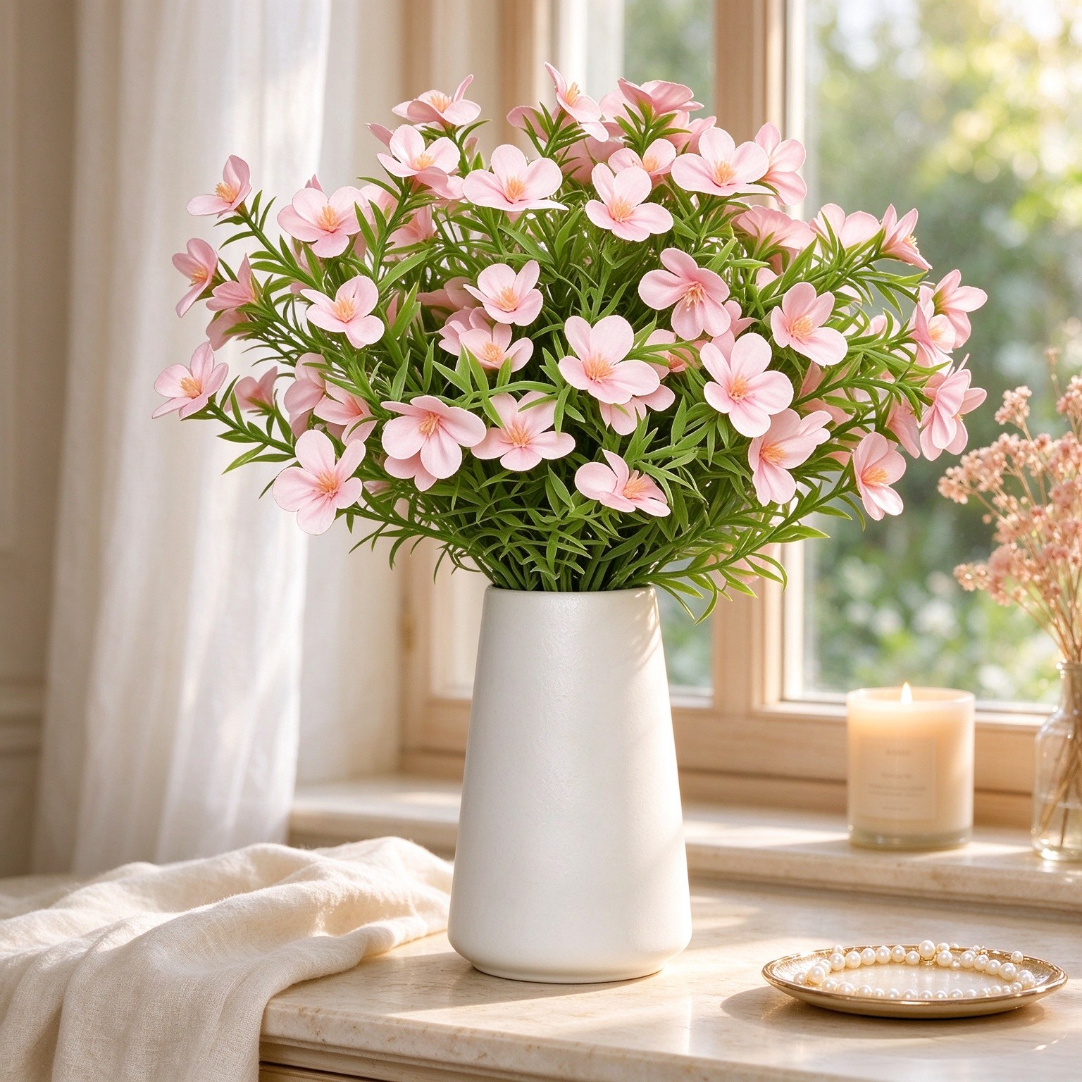 Artificial Pink Gypsophila Baby's Breath Flowers in Ceramic Vase, 6 Inch White Vase with Faux Cosmos Arrangement, Farmhouse Table Centerpiece for Home Office Shelf Desk Decor
