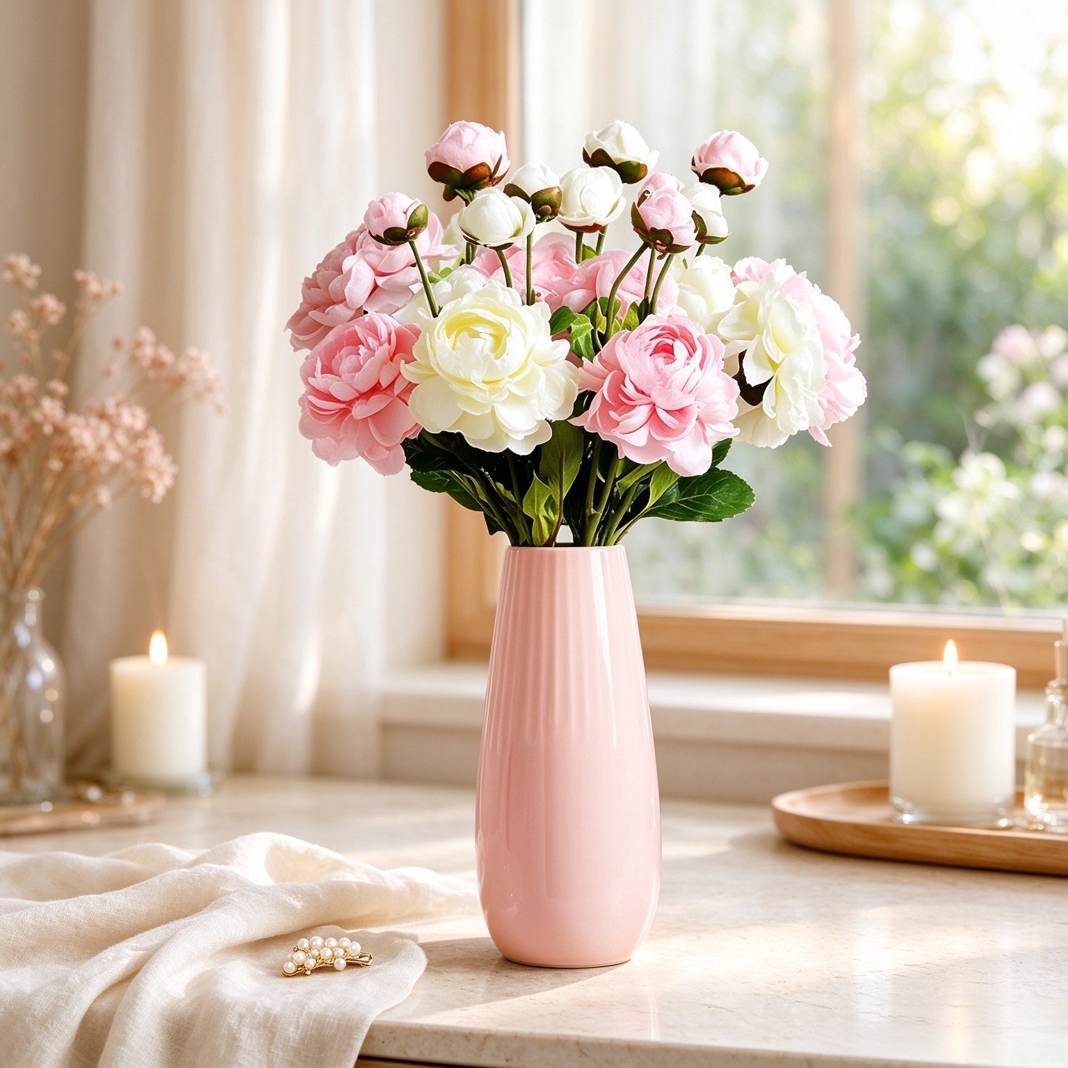 Pink Ceramic Vase, 7.5 Inch Flower Vase with Vertical Stripes for Pampas Calla Lily Tulip, Minimalism Modern Style for Housewarming, Weddings, Birthday, Christmas, Thanksgiving, New Year