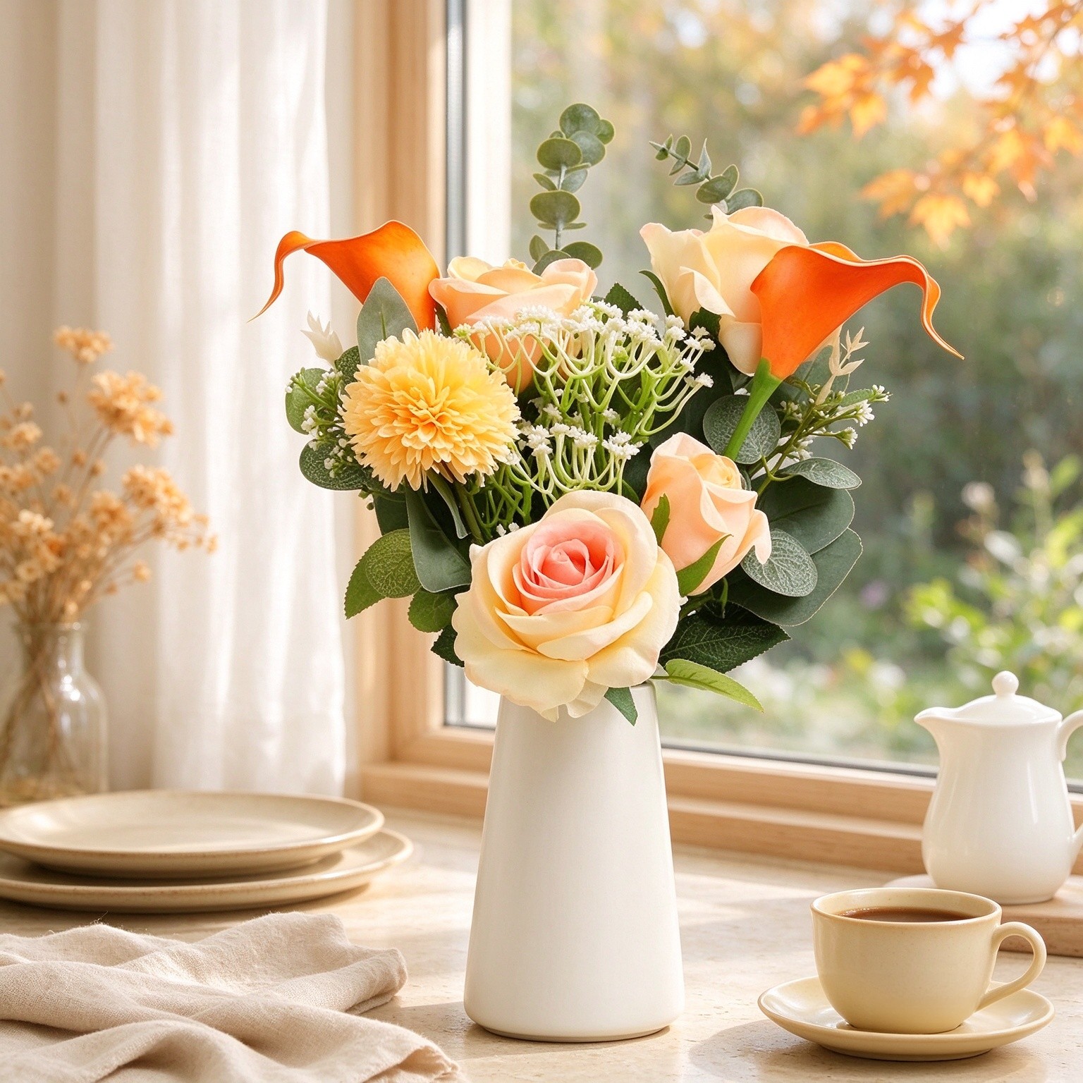 Fake Flowers with a Ceramic Vase, Fake Flower Bouquet in vase, Floral Decor Flower Arrangements for Home Office Farmhouse Bathroom Dining Table Centerpiece Decorations Coffee Table(Champagne)