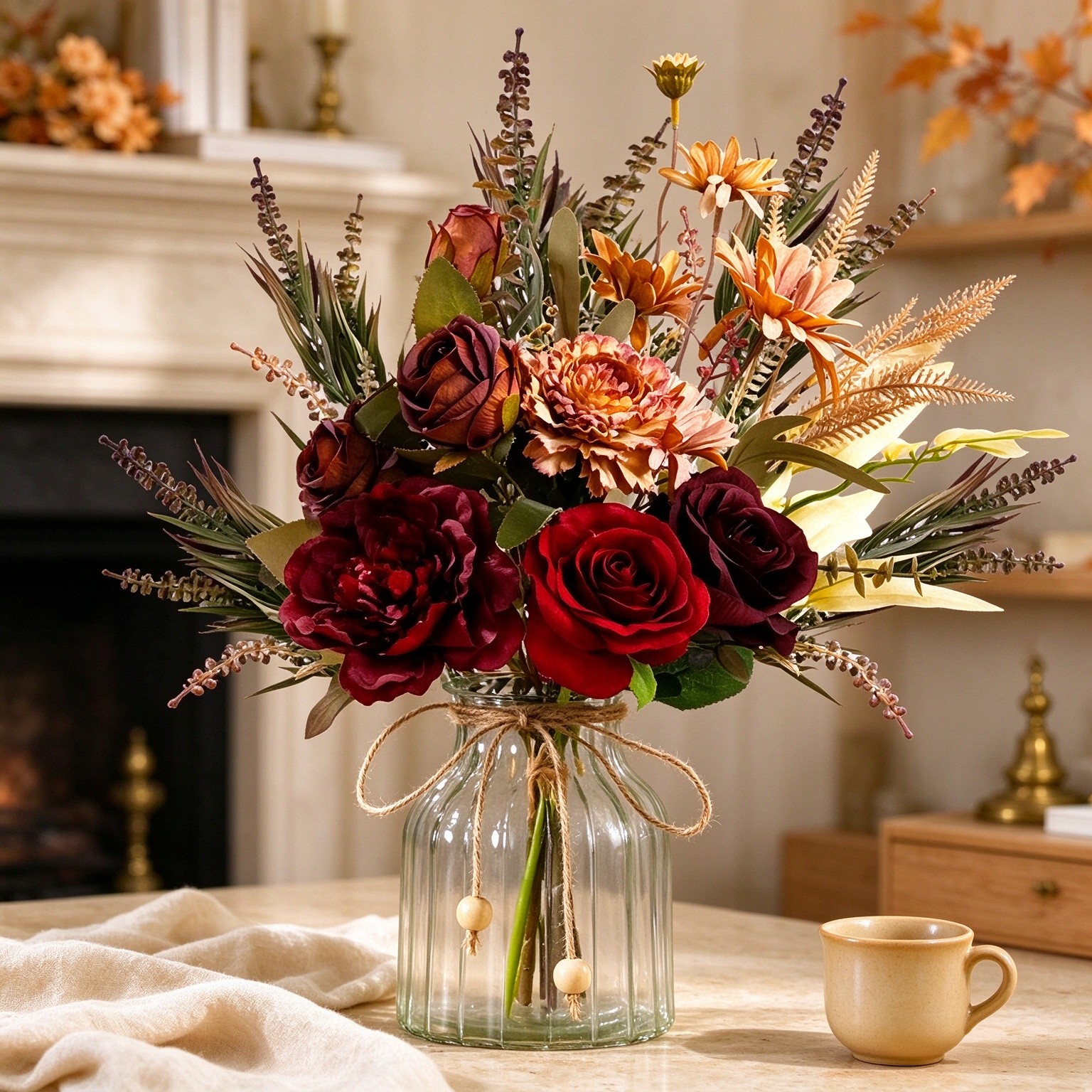 LESING Dahlia Flower Aritificial Flower with Vase Fake Silk Flowers in Glass Vase Faux Rose Flowers Arrangement for Home Office Table Centerpiece Decoration (Claret Red)