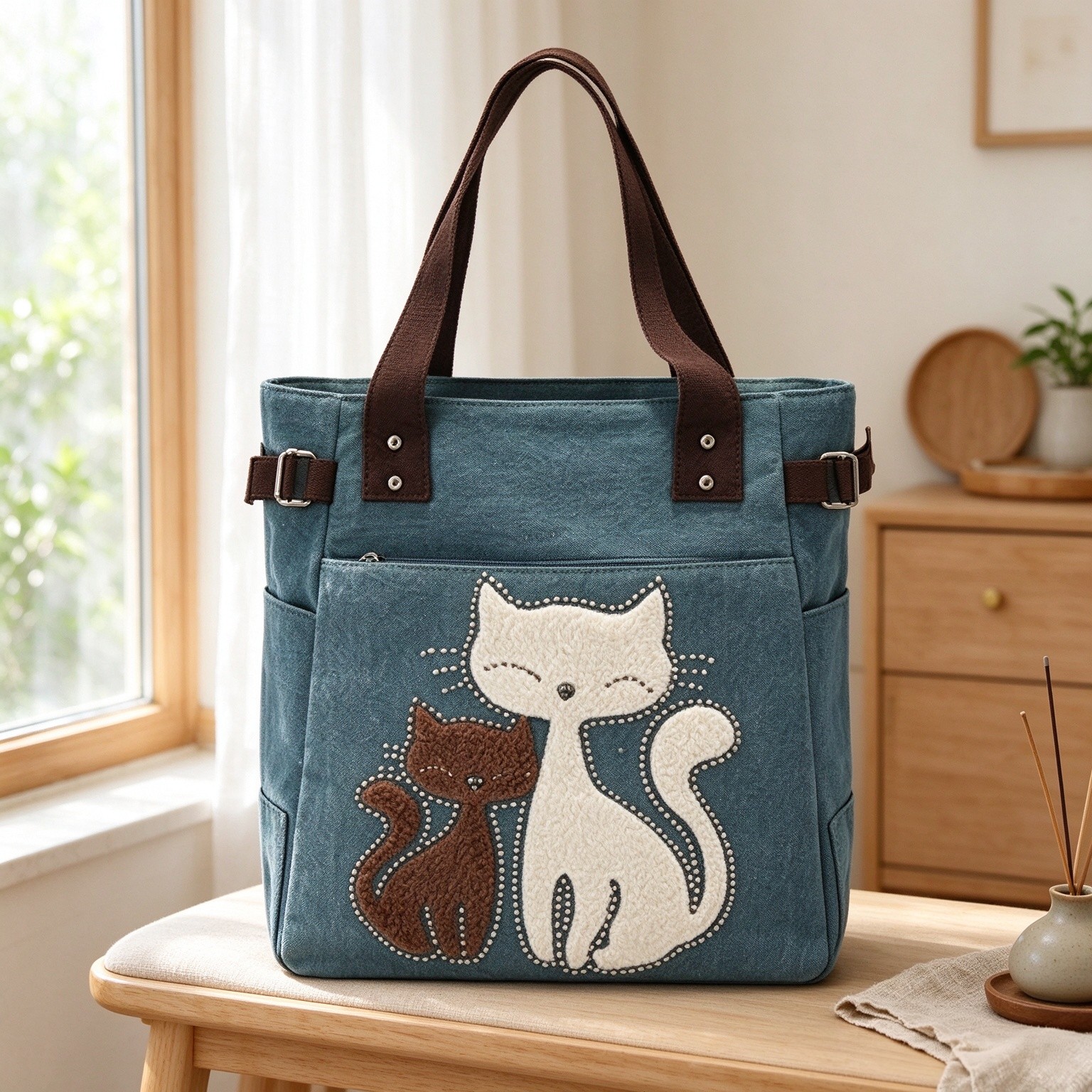 Valentoria Canvas Tote Handbag for Women Cute Cat Embroidery Shoulder Purse Large Zipper Travel Work Shopping Grocery Bags
