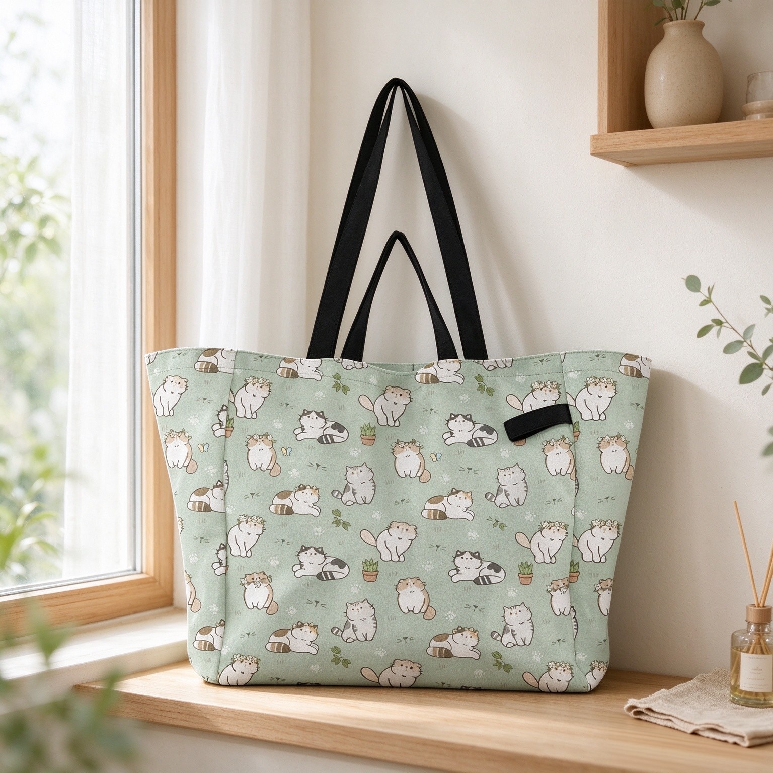 Wudan Canvas Tote Large Capacity Kitchen Grocery Bags Beach Bag for Women Bridesmaid Presents Cartoon Cats Green