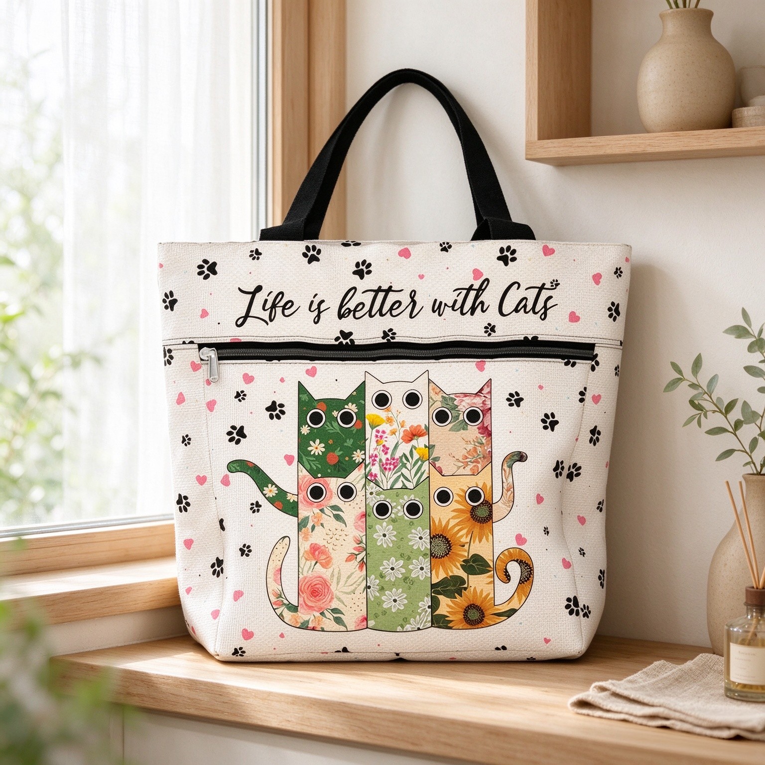 Waterproof Tote Bag with Pockets and Zipper for Work. Shoulder Bag for Women. Gift for Cat Lover Cat Owner.