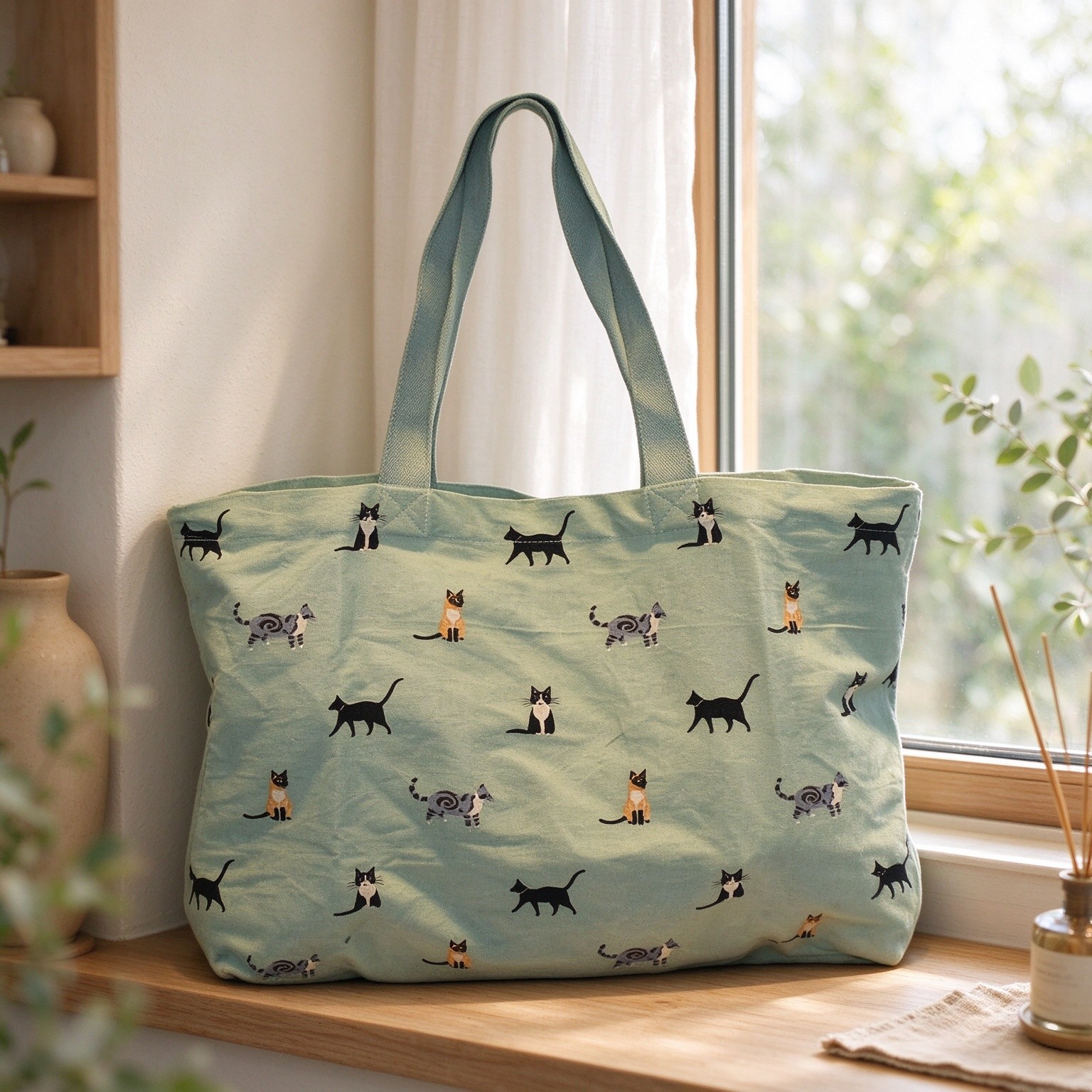 Large Tote Bag - Multi Cat Print on Mint Canvas, Multipurpose Cotton Travel Shopper Bag