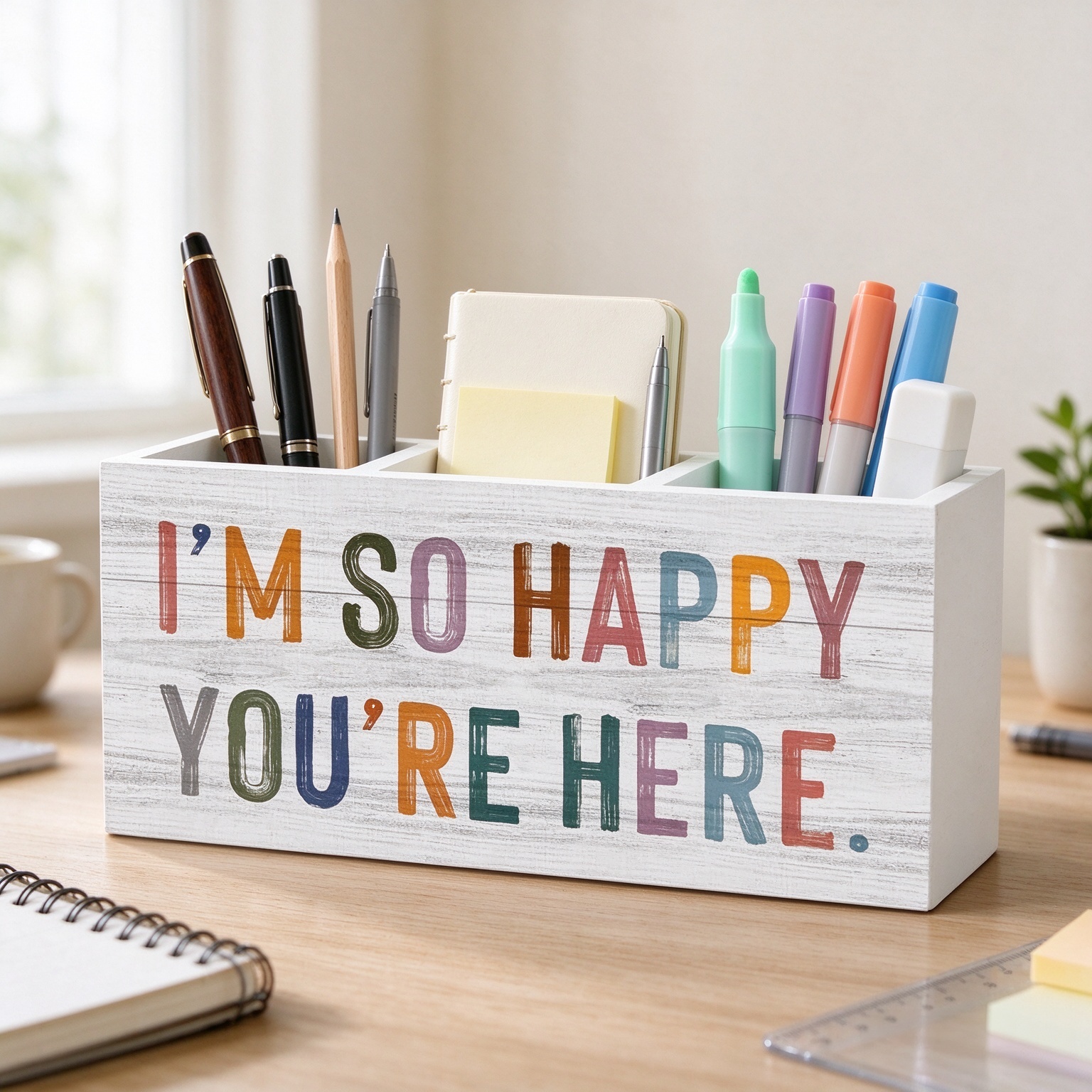 Classroom Pencil Pen Holder for Desk Organizer, I'm So Happy You're Here Wooden Box Decorations for Classroom Kids Room Bedroom Playroom Desk Tabletop Decor