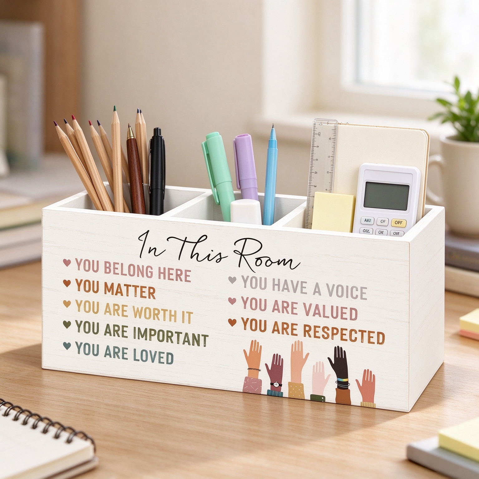 Inspirational Diversity Inclusive Wooden Pen Pencil Holder for Desk, Motivational Positive Affirmation Wood Makeup Brush Toothbrush Holder Organizer for Kids Room Playroom Classroom