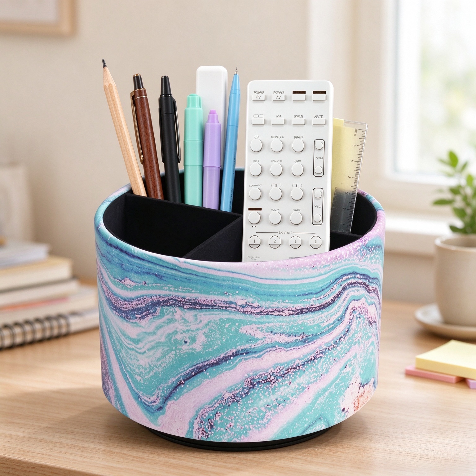 Round Leather Art Supply Organizer,Remote Control Holder,360-degree Rotating Pen Organizer with 4 Compartments(1-Pink Green Splash Ink)