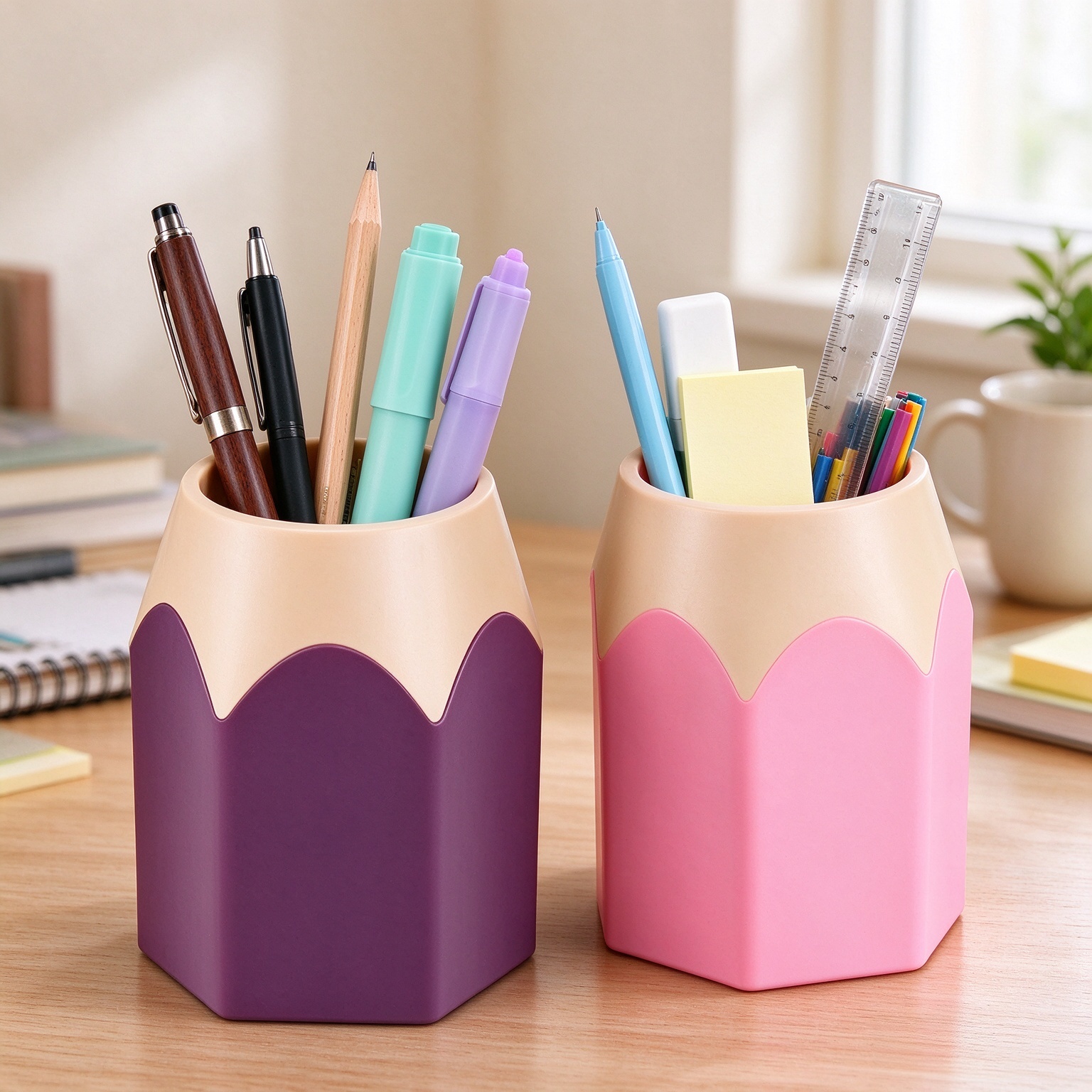 2 Pieces Pencil Shaped Pen Holders Pencil Storage Organizer Cute Desktop Pen Cup for Back to School Makeup Brush Container Cartoon Stationery Rack for Teacher Classroom Home Office(Pink, Purple)