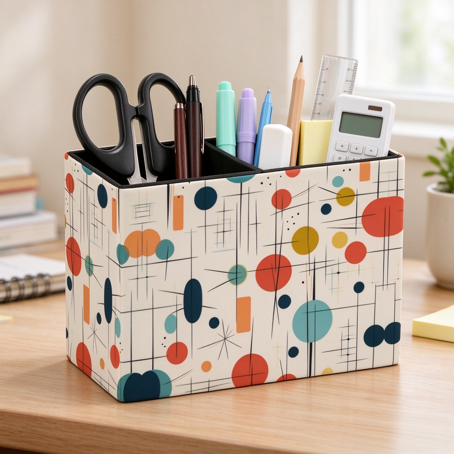 PU Leather Colorful Dots Pen Holder with 2 Compartments Desk Stationery Organizer Remote Control Container Caddy Makeup Brush Storage Box Desktop Decor for Office Home