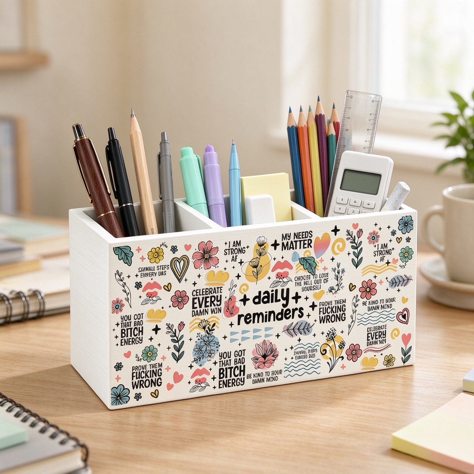 Boho Daily Reminder Inspirational Pen Pencil Holder, Daily Affirmation for Desk, Positive Affirmation Gifts Makeup Brush Holder Organizer for Home Office