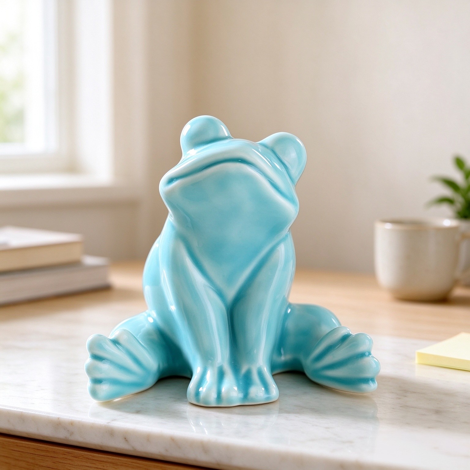 Whimsical Ceramic Frog Statue for Paludarium, Bonsai Water Feature, Fairy Garden & Indoor Plant Decor (Cyan)