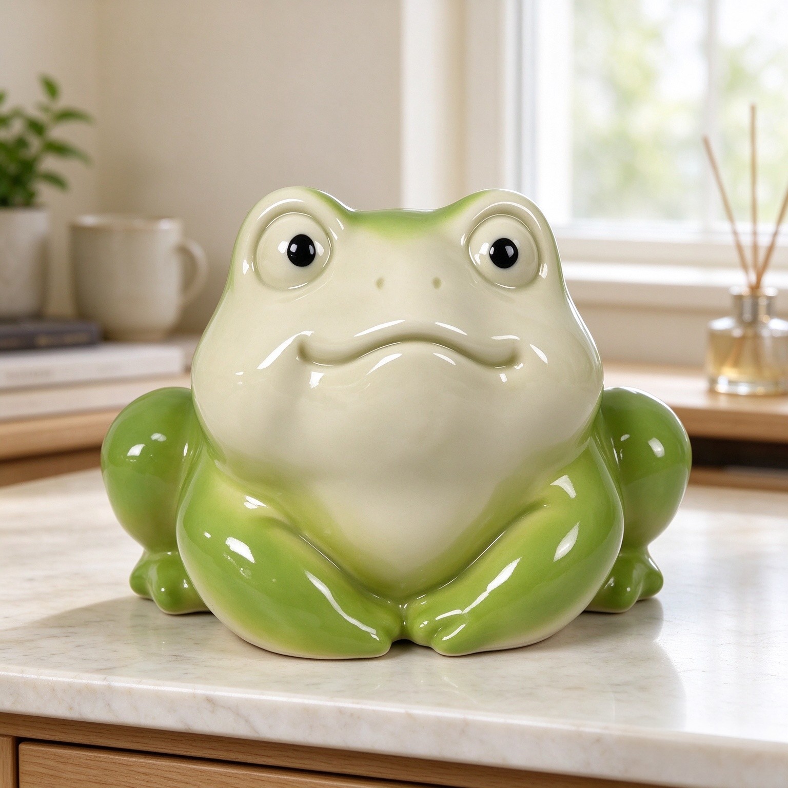 Cute Chubby Frog Statue Decor, 4.1 Inch Handcrafted Glazed Ceramic Figurine for Planter, Aquarium & Window Sill, Small Animal Ornament for Desk/Garden