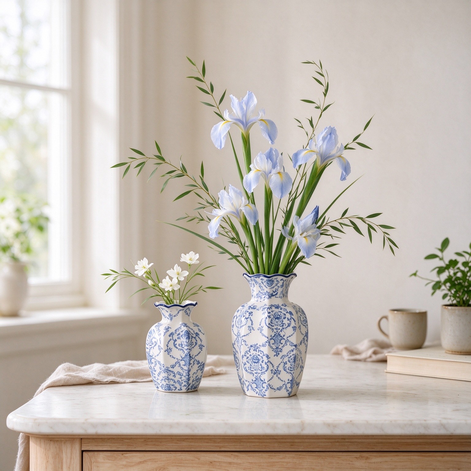Blue and White Vase, Vintage Blue Ceramic Flower Vessel,Ceramic vases for Home Decor,Vintage Green and Beige for Console Table Mantle Chinoiserie Decor (Blue and White-01, Small)