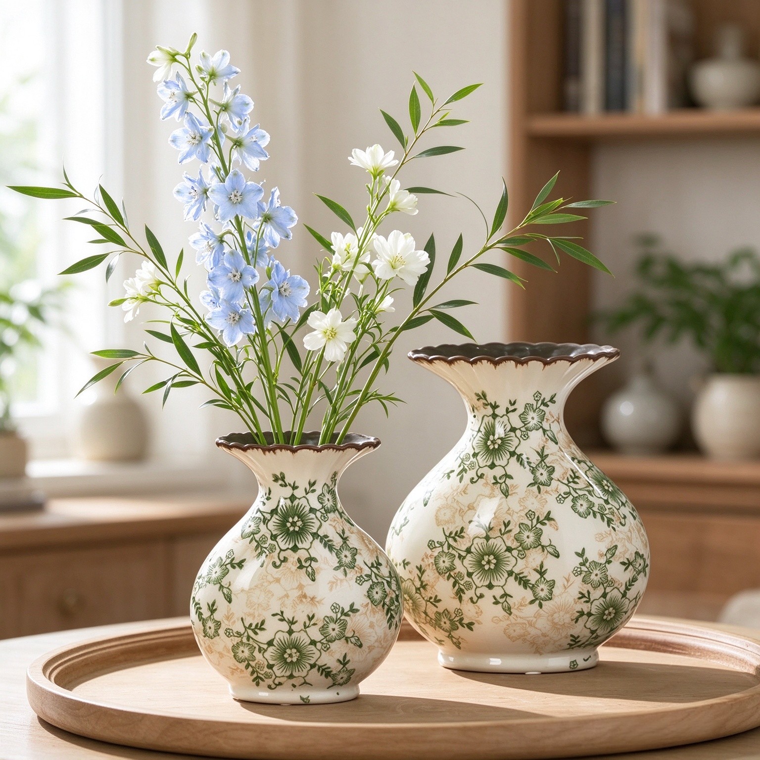 Green Chinoiserie Floral Vase, Retro Ice Cracked Ceramic Flower Vases for Home Decor, Living Room, Office, Chinoiserie Decor,E1