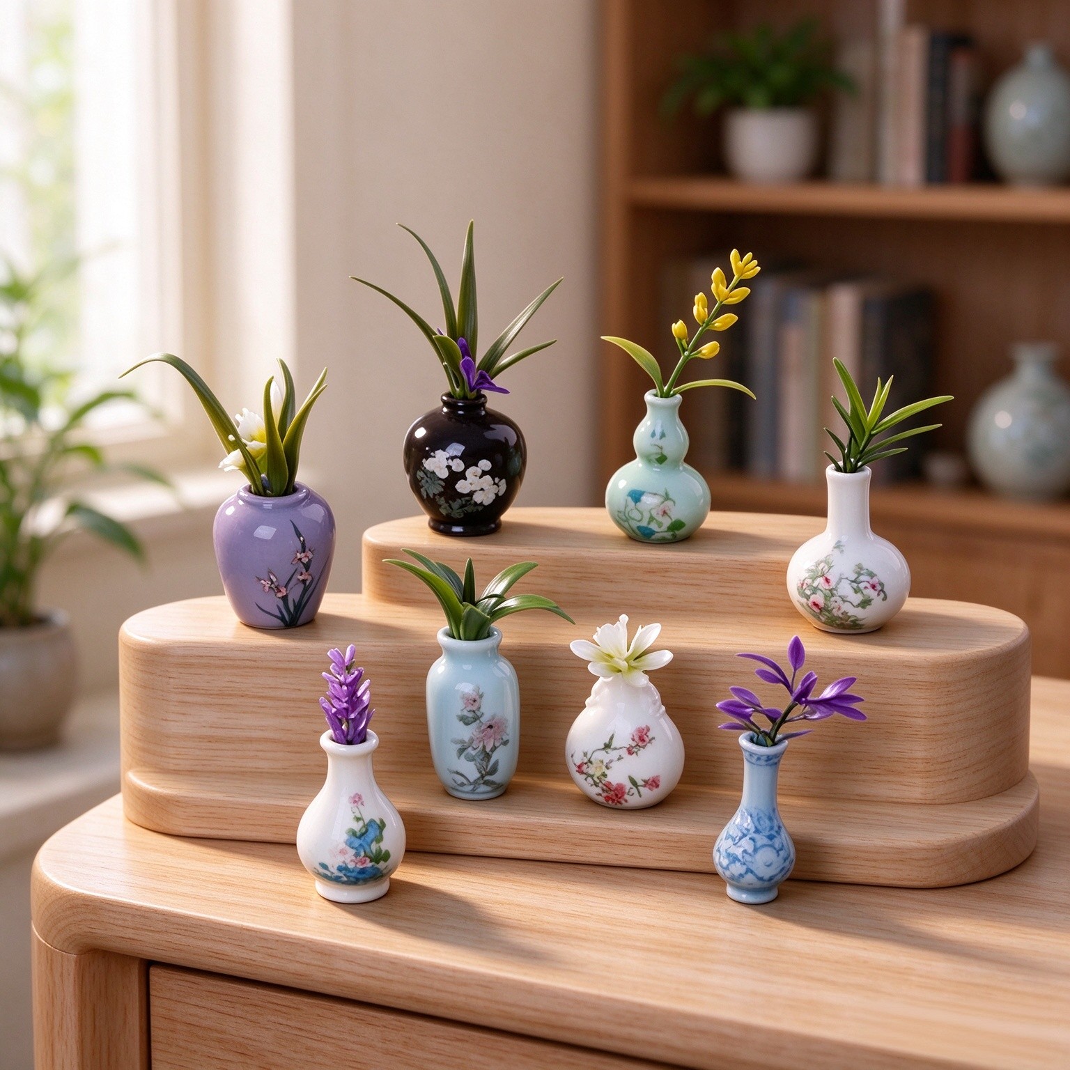 8PCS Mini Ceramic Vase Set Figurine with Artificial Flowers Hand Painted Patterns for Home Desk Tabletop Shelf Decoration