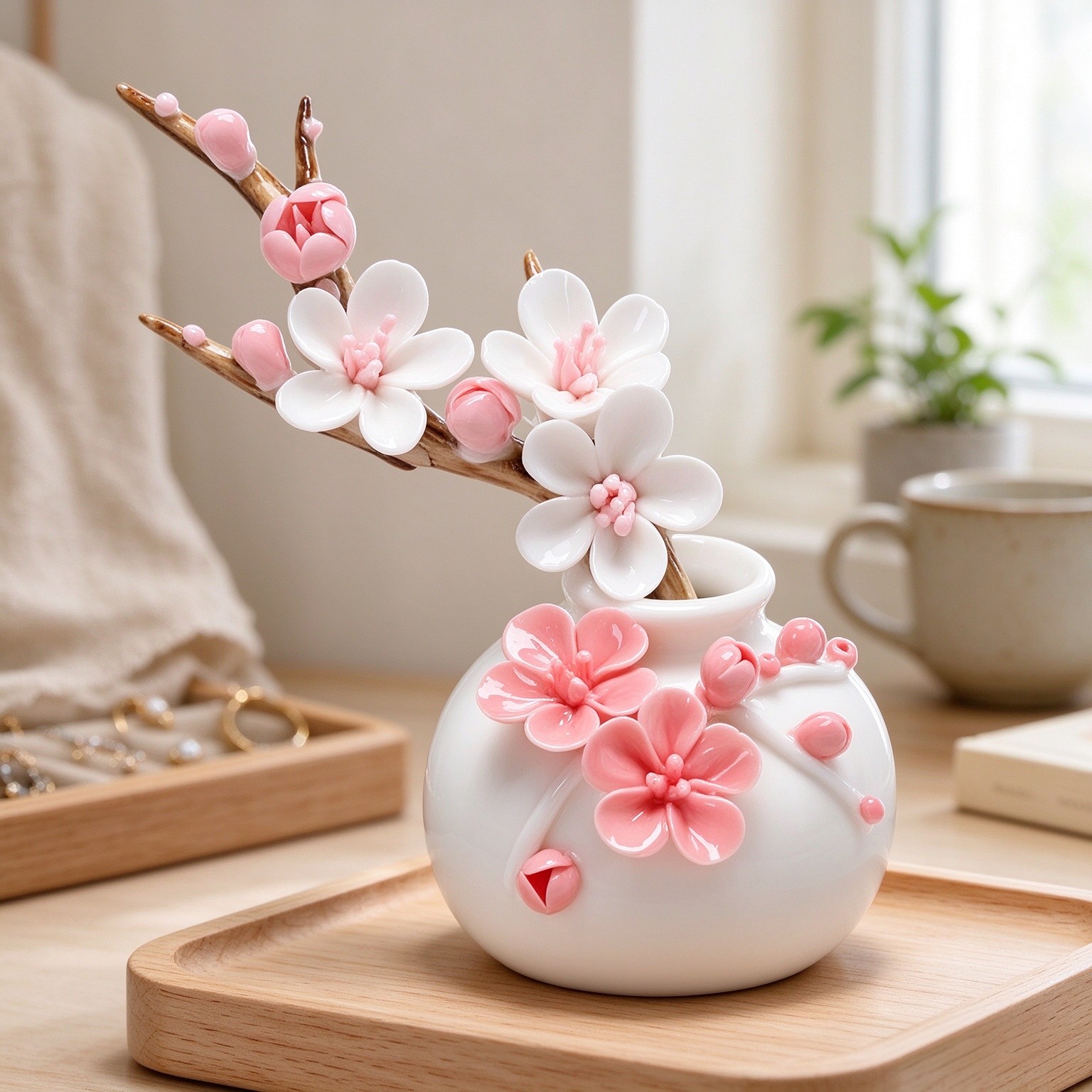 Handmade Pink Plum Blossom Vase – Small White Porcelain Flower Vase with 3D Sculpted Pink Flowers, Fresh & Elegant Home Decor, Mini Ikebana Vase