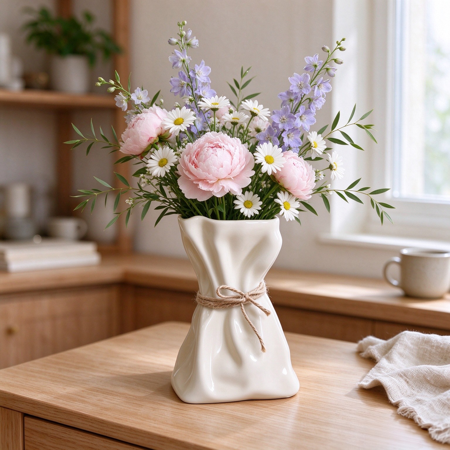 6IN Cream Ceramic Vase, Irregular Flower Vase Modern Art Decorative Vase
