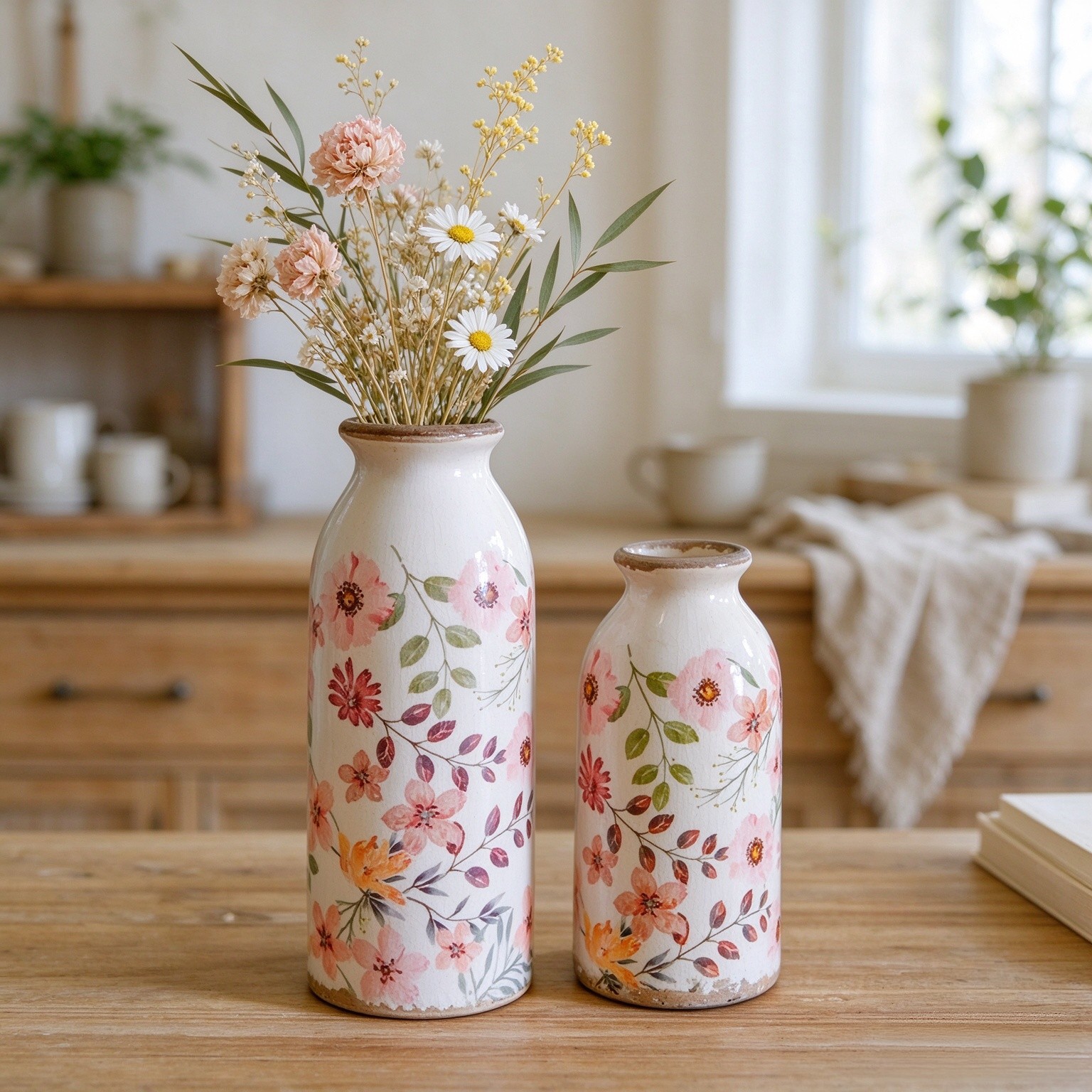 Vintage Flora Ceramic Vase Set, Retro Rustic Cute Vase Gift, Art Decorative Vase for Your Home, Kitchen, Bedroom, Office, Living Room, Bathroom, & Shelf Centerpiece Table Decorations