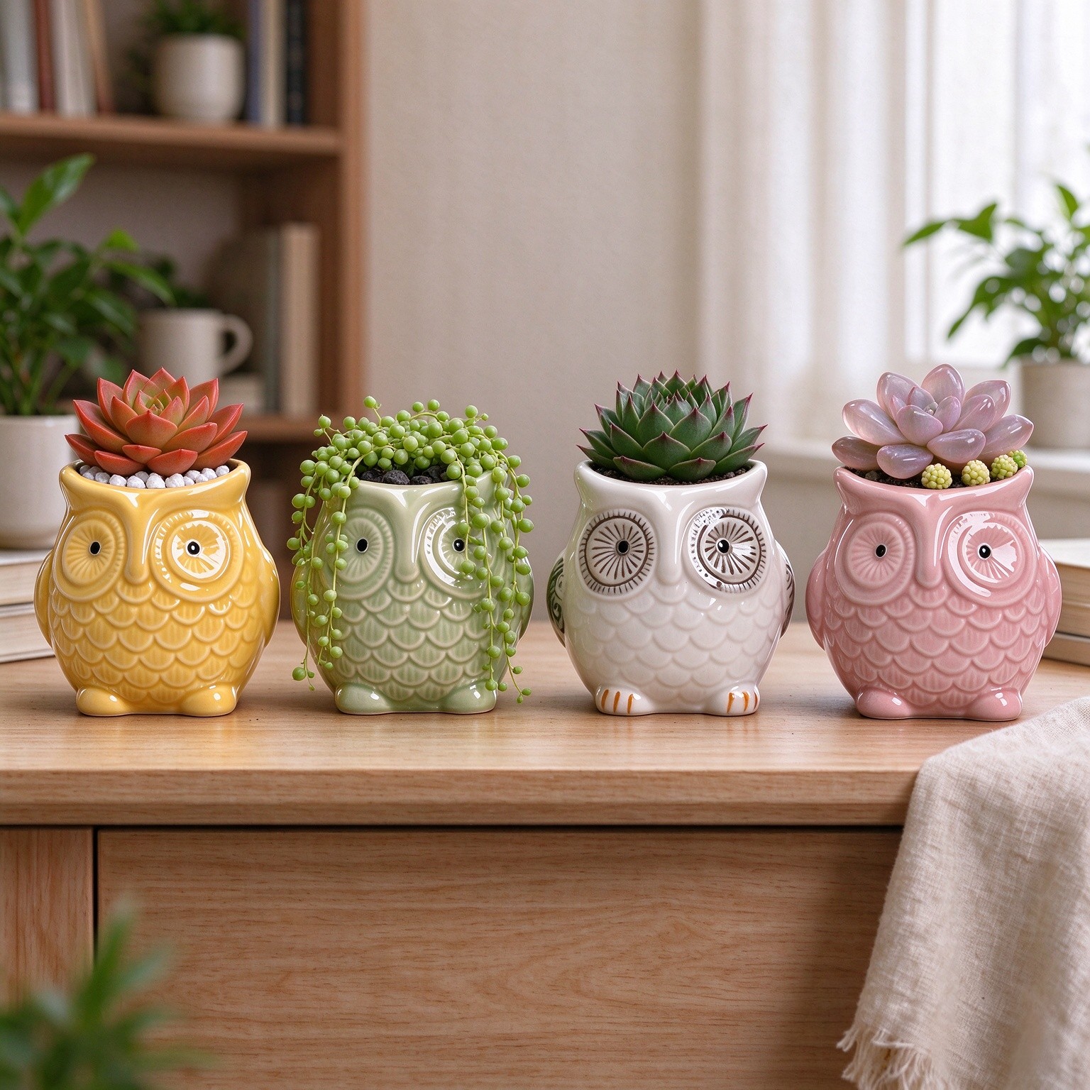 Cuteforyou 4 Pcs Cute Animal Shaped Ceramic Succulent Planter Pots – Mini Flower Pot for Home Decor, Desk, Office, Windowsill – No Plant Included (Owl)