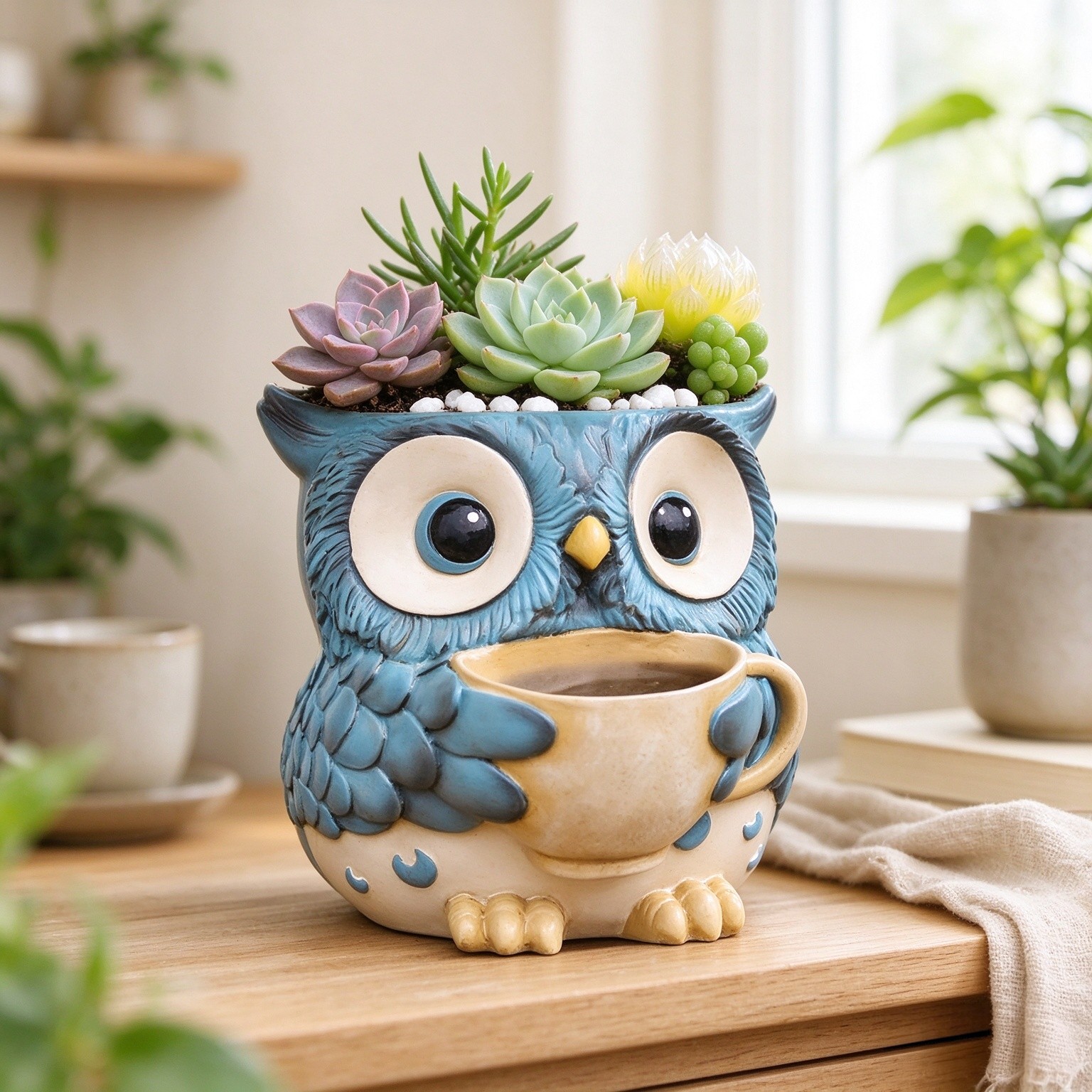 Unique Owl Plant Pots Indoor, Cute Small Succulent Pots with Drainage Hole, Watering Owl Planters for Indoor Outdoor Plants, Resin Flower Pot for String of Pearls, Gift Ideas for Mother