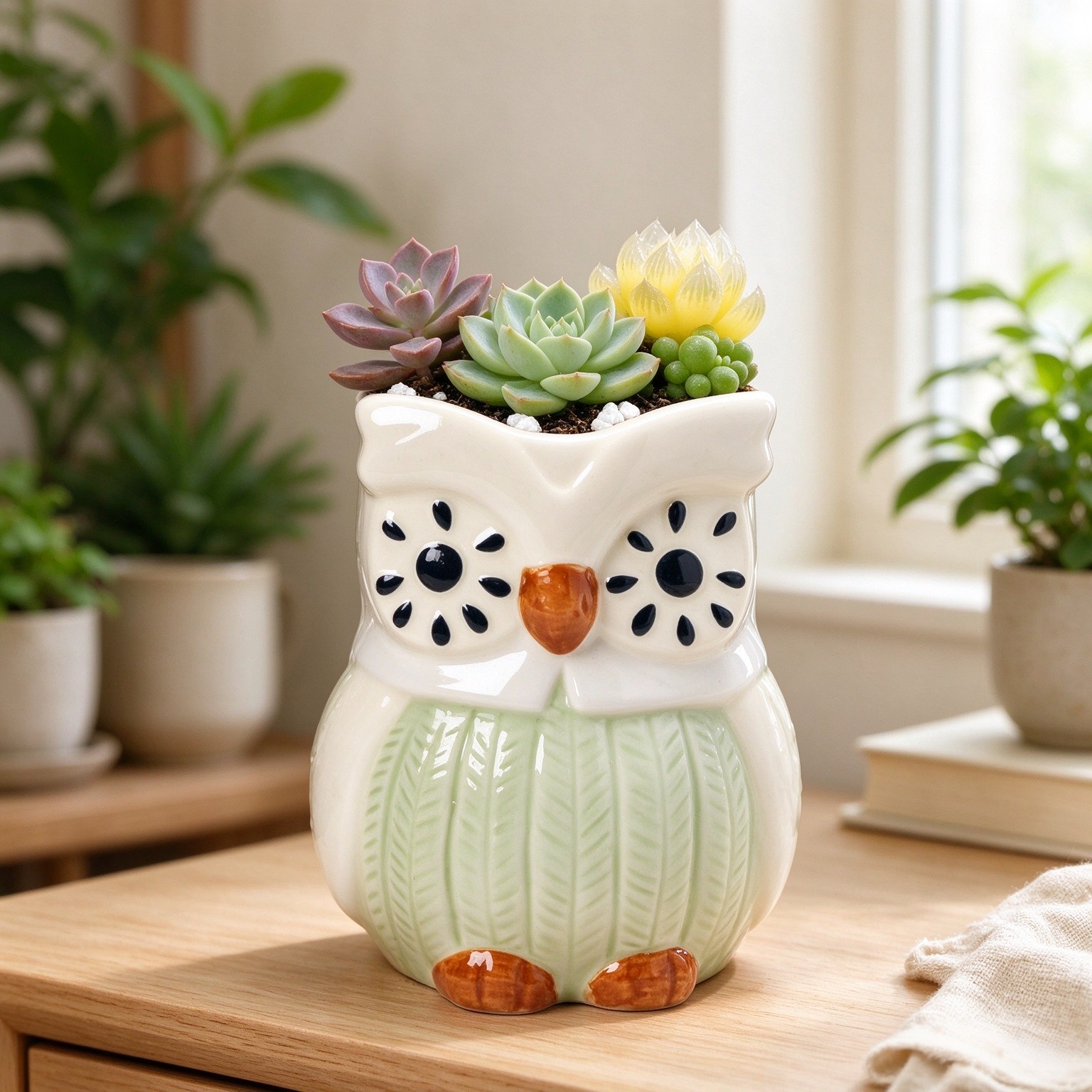 Ceramic Animal Planters Succulent Pots with Artificial Succulent Plants Garden Home Decor (Owl)