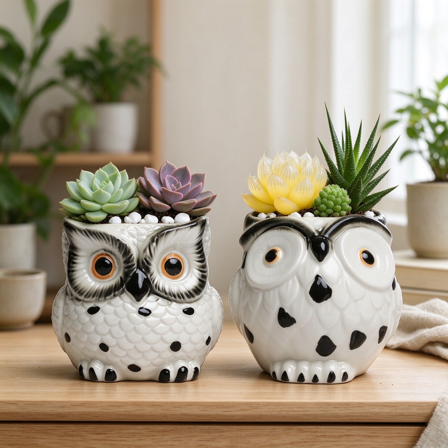 Owl Ceramic Planters Mini Plant Pots 3Inch With Drainage Pen Pencil Holder Cute Decor Flower Planters Gift Packaging Herb Cactus Plant Pots Air Plant Kitchen Window Gardening Starter Set Teacher Gifts