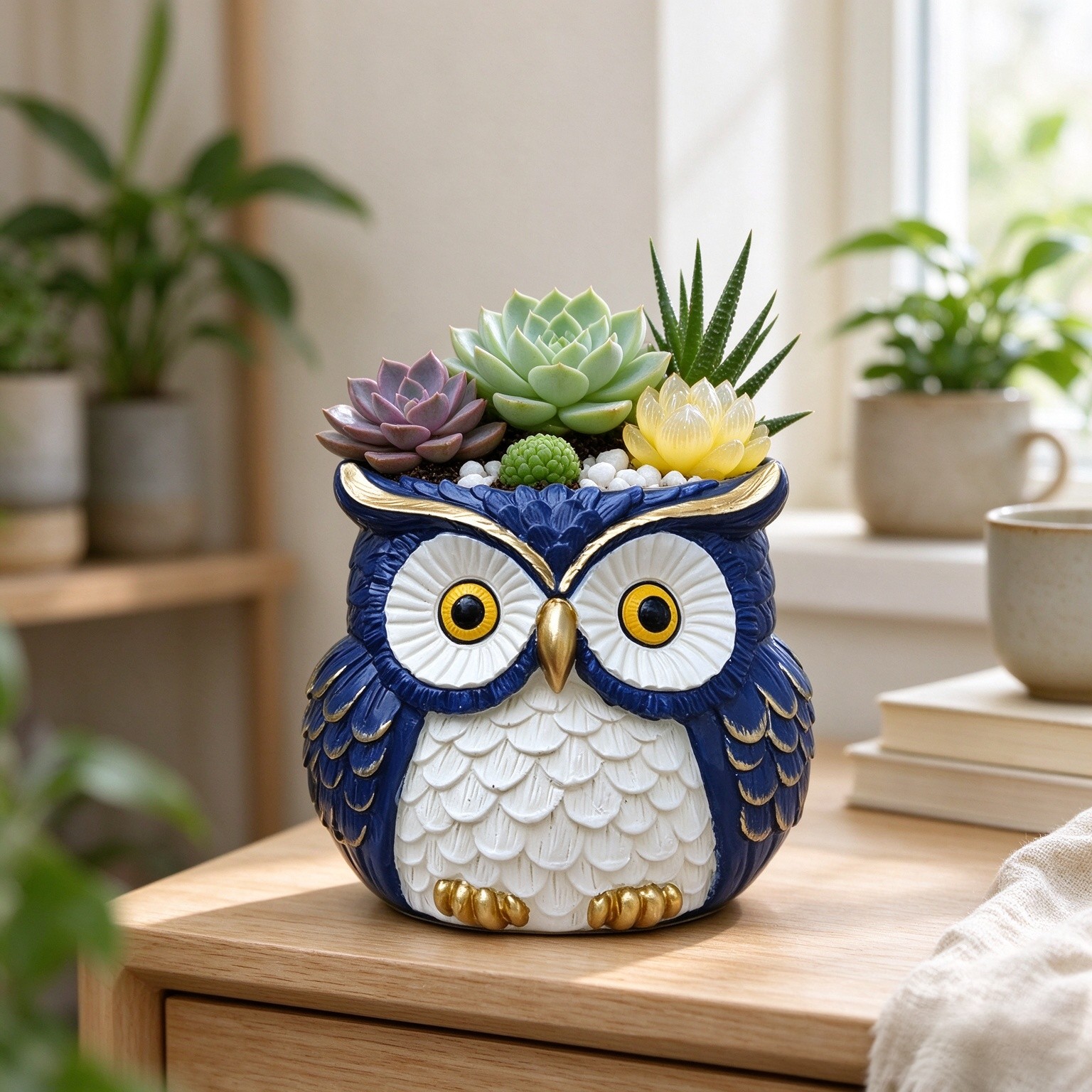 Blue Owl Planter, Cute Plant Pots with Drainage, Small Garden Flower Pot, Gift for Women Plant Lover, Modern Vase Bird Figurines for Table Shelf Decor
