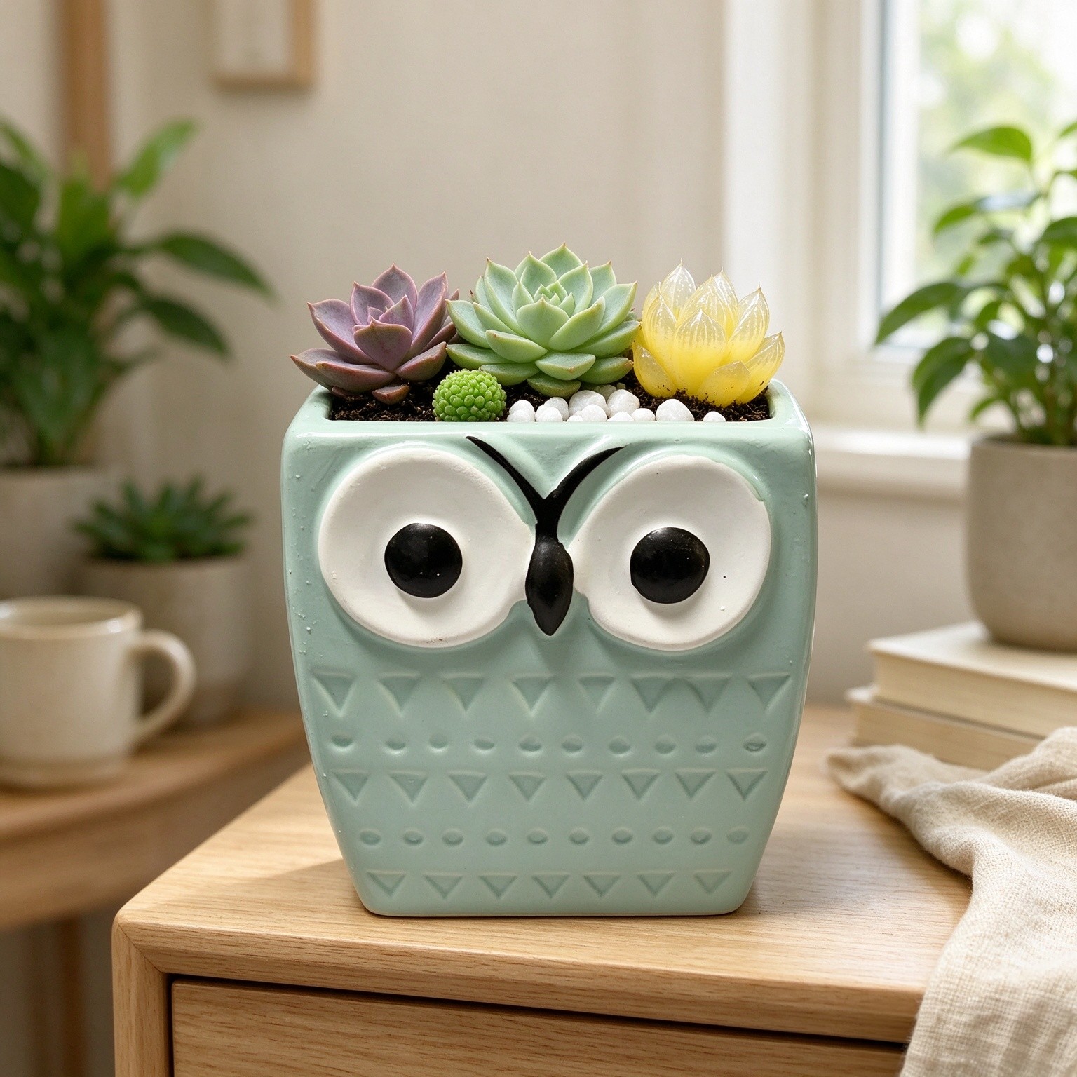 Decorative Owl Planter Pot, 4.5 inch, Mint Green, Retro Design with Big Eyes