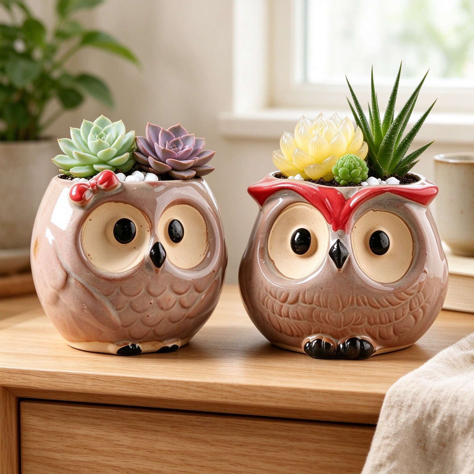 Owl Flower Pot Set of 2, Cute Ceramic Succulent Planters with Owl Face Design, Indoor Mini Cactus Pot for Desk Bookshelf Windowsill, Adorable Home Office Garden Decor with Drainage Hole