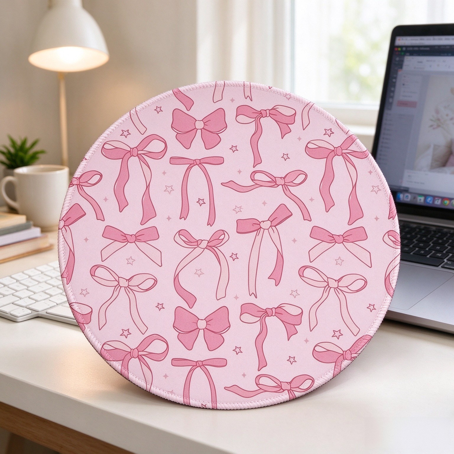 Cute Round Small Mouse Pad Pink Bow Mouse Pads for Desk Kawaii Office Desk Accessories Aesthetic Computer Mouse Pad for Women Travel Mousepad for Laptop