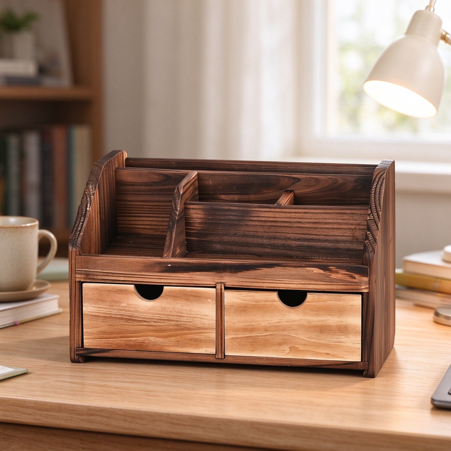 Rustic Torched Dark Brown Wood Desk Organizer Wooden Tabletop Stationery Holder Multiple Compartments Slots 2 Drawers Storage Cabinet Office Supplies Makeup Accessory Sorter Display Box Home