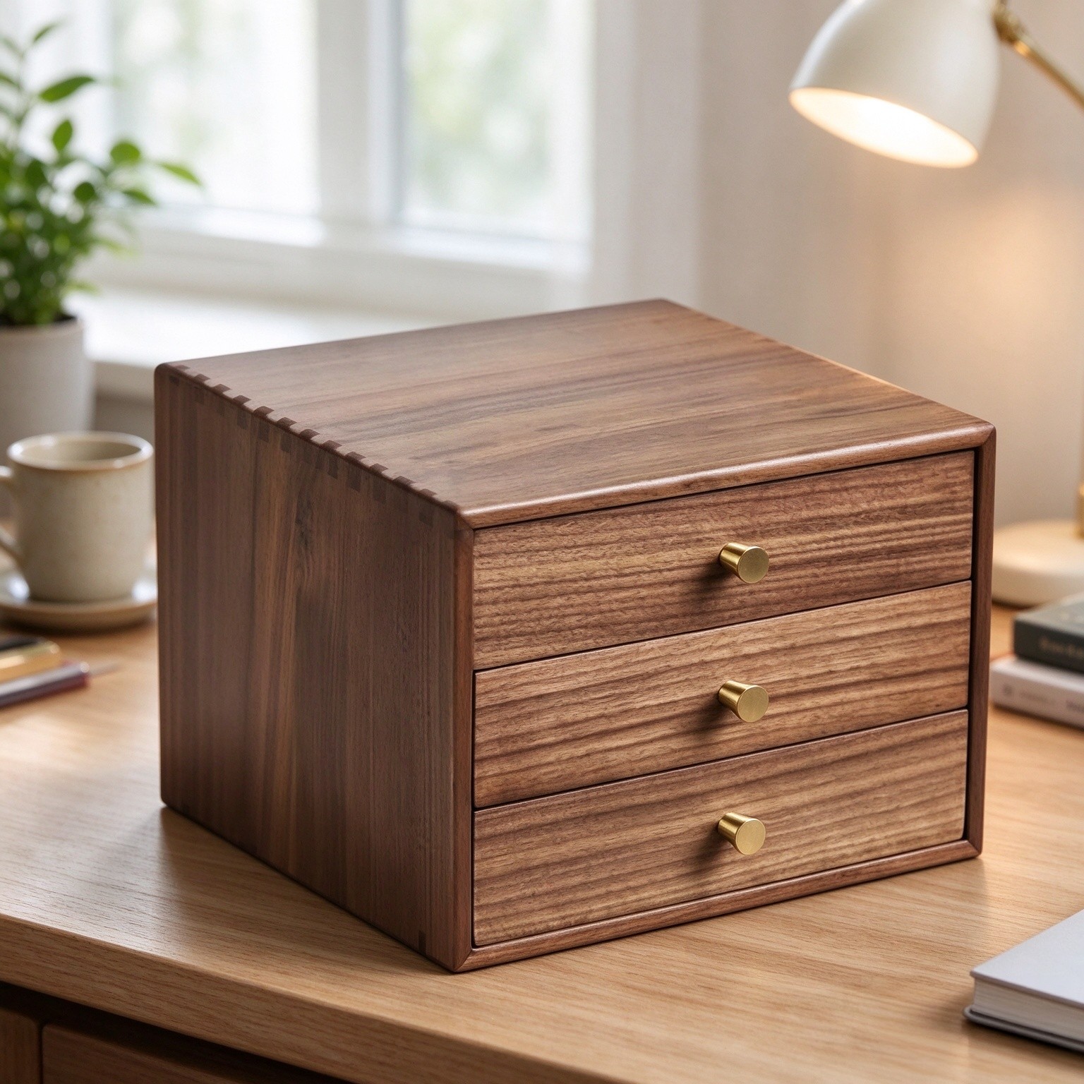 Walnut Desk Organizer Space Saving Storage Box with Drawers Fully Assembled Desktop Storage Box for Dresser, Large 27x23x20cm, North American Black Walnut, Tapered Handle