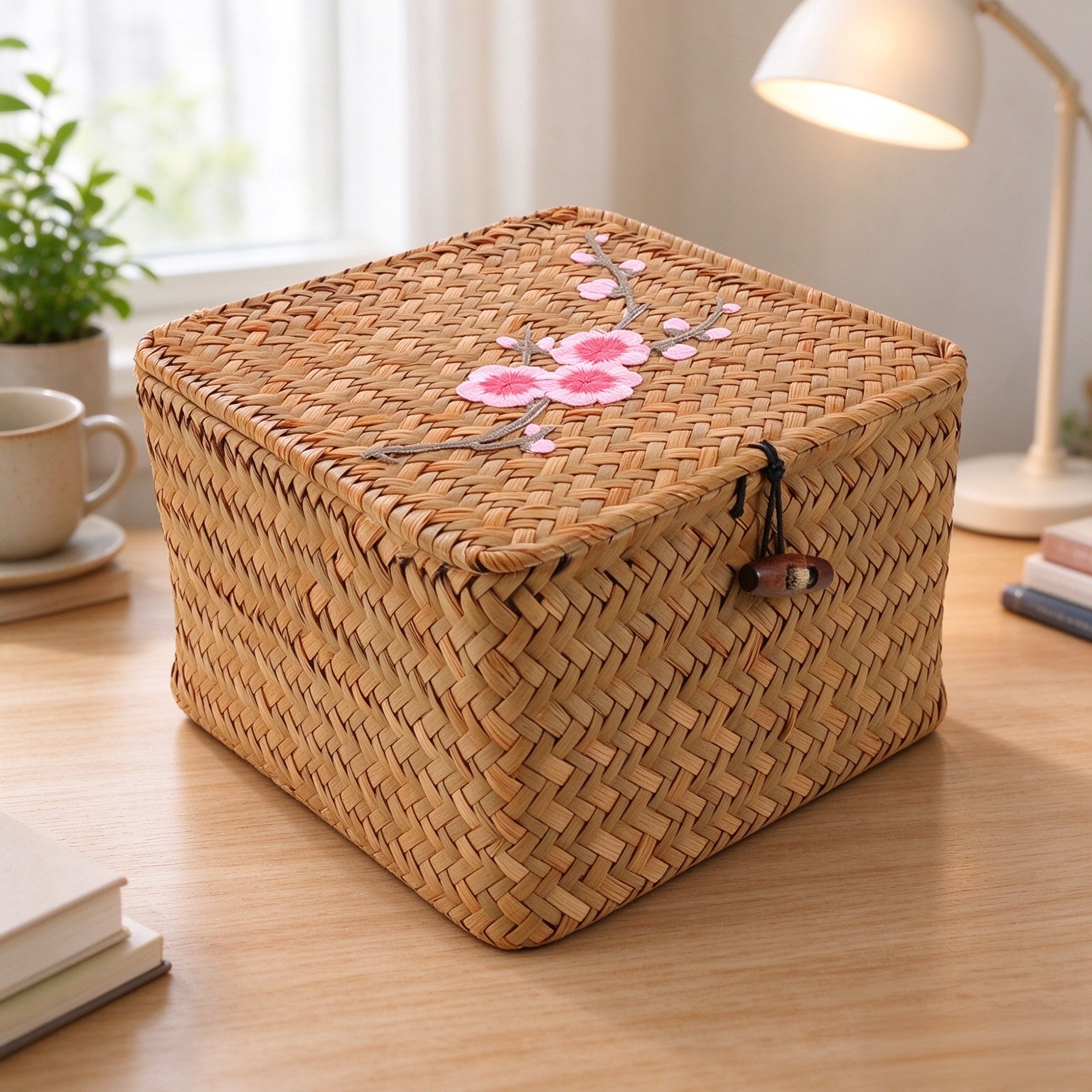 Square Rattan Woven Box with Lid, Embroidered Desktop Organizer