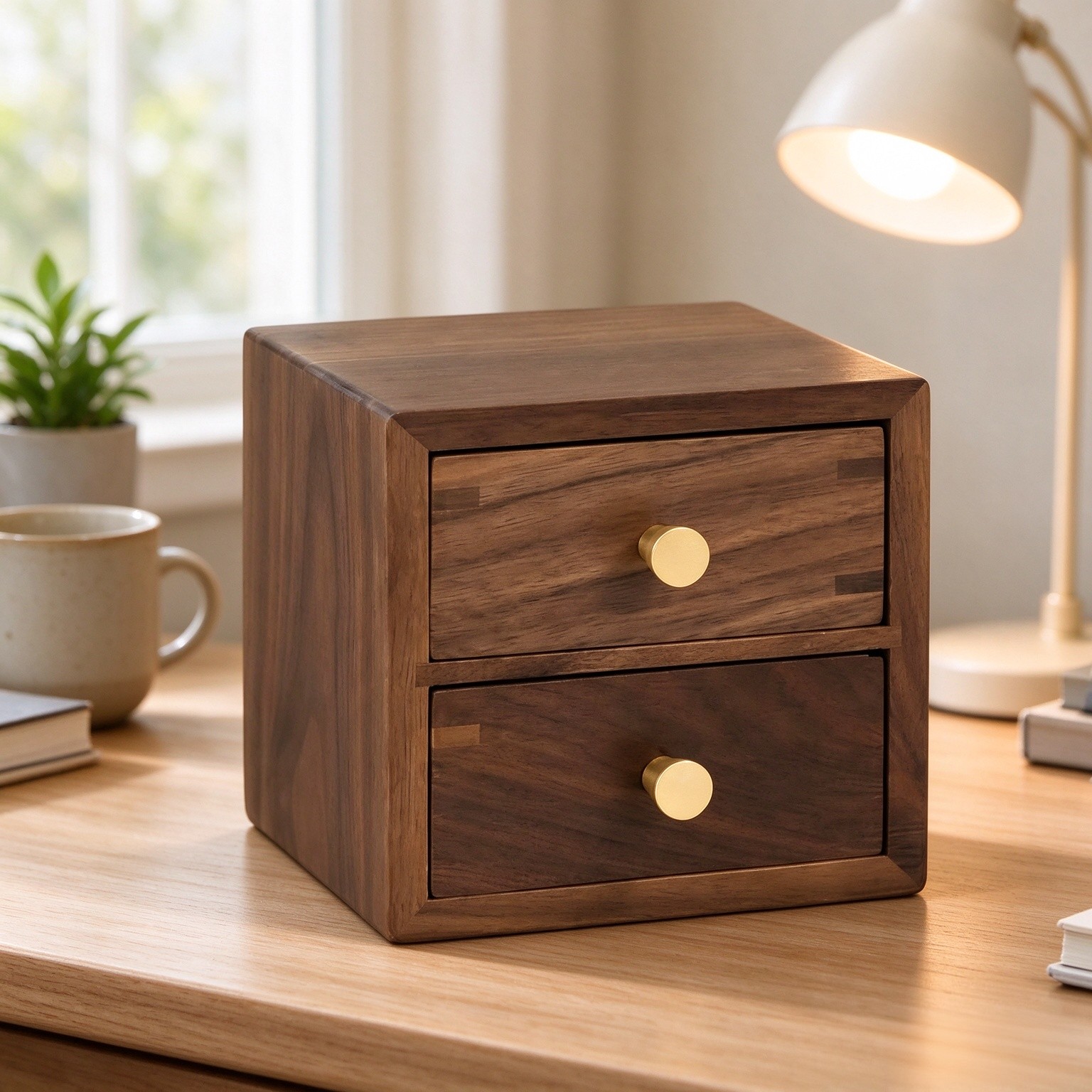 Small Tabletop Drawer Organizer with Wood Grain Finish Minimalist Solid Walnut Wood Drawer Storage Box Sturdy for Desk, Tea Room