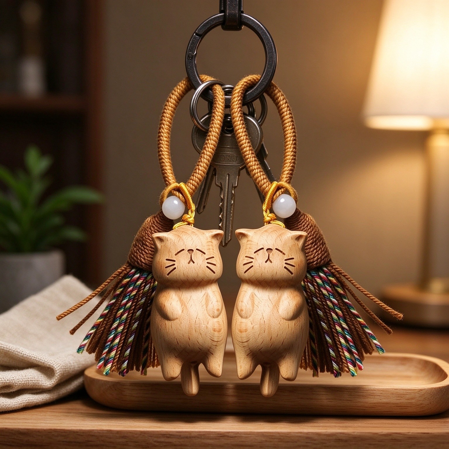 Cartoon Handmade Cat Keychain Pendant with Tassels Creative Carved Cat Women Man Car Backpack Hanging Ornaments,6 * 3 * 3cm