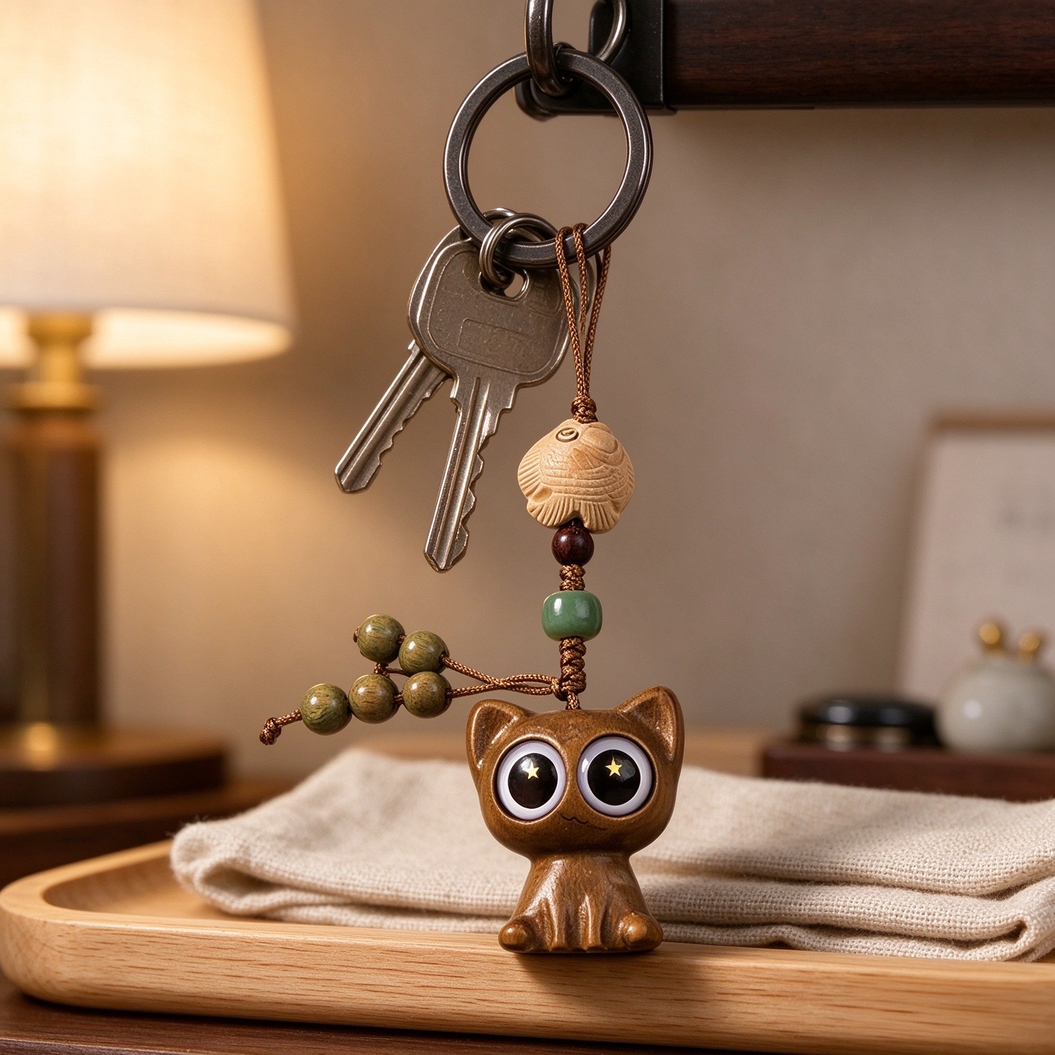 Green Sandalwood Hand-carved Lucky Cat Keychain for Women, Japanese Maneki Neko Cell Phone Charm Cute Strap Good Luck Tassel