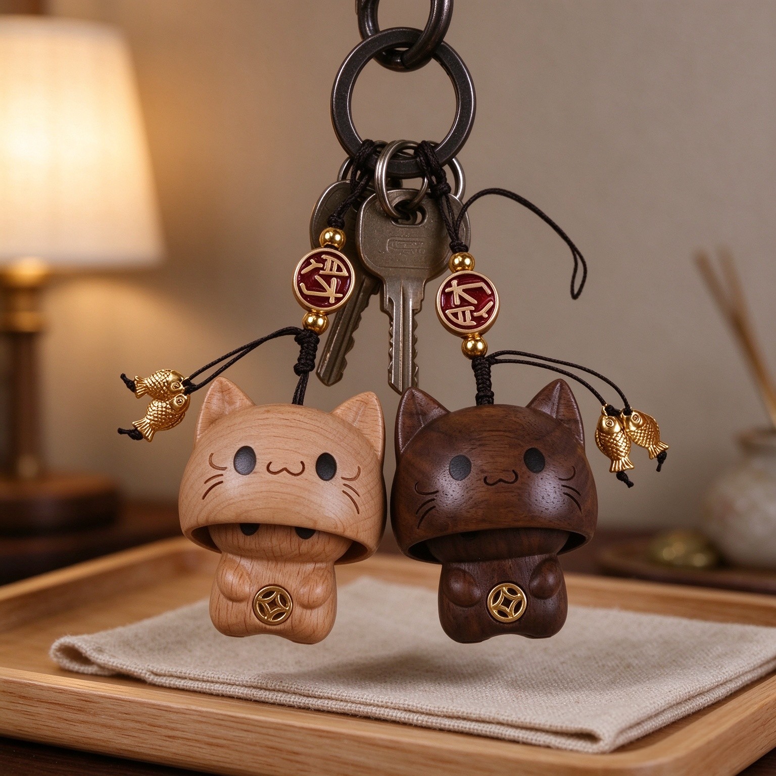 2-Pack 1.8 Inch Bag Charms For Handbags - Cute Keychains For Women, Peekaboo Lucky Cat Charms - Beech And Walnut Wood