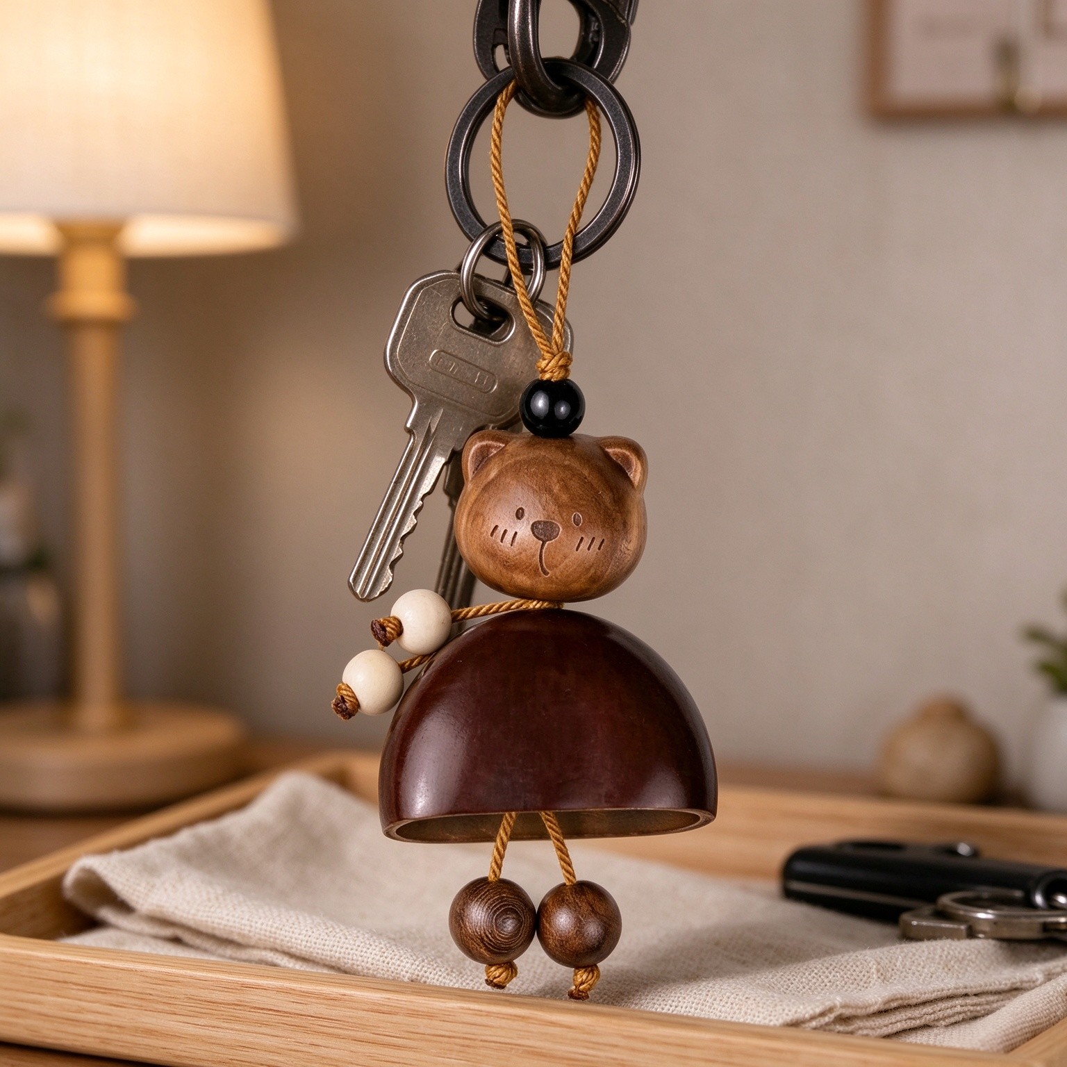 jamow Handcrafted Beech Wood Charm Pendant for Women and Men, Bear Bag Charm for Keys, Backpack, Car Mirror, Desk Decor, Meaningful Gift, Artisan Boho Style