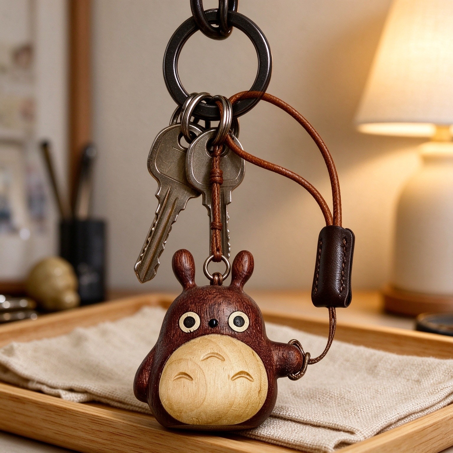 Cute Hand Carved Wooden Totoro Bag Charm, Kawaii Wood Carving Key Ring Keychain, Creative Pendant Gift for Women Men
