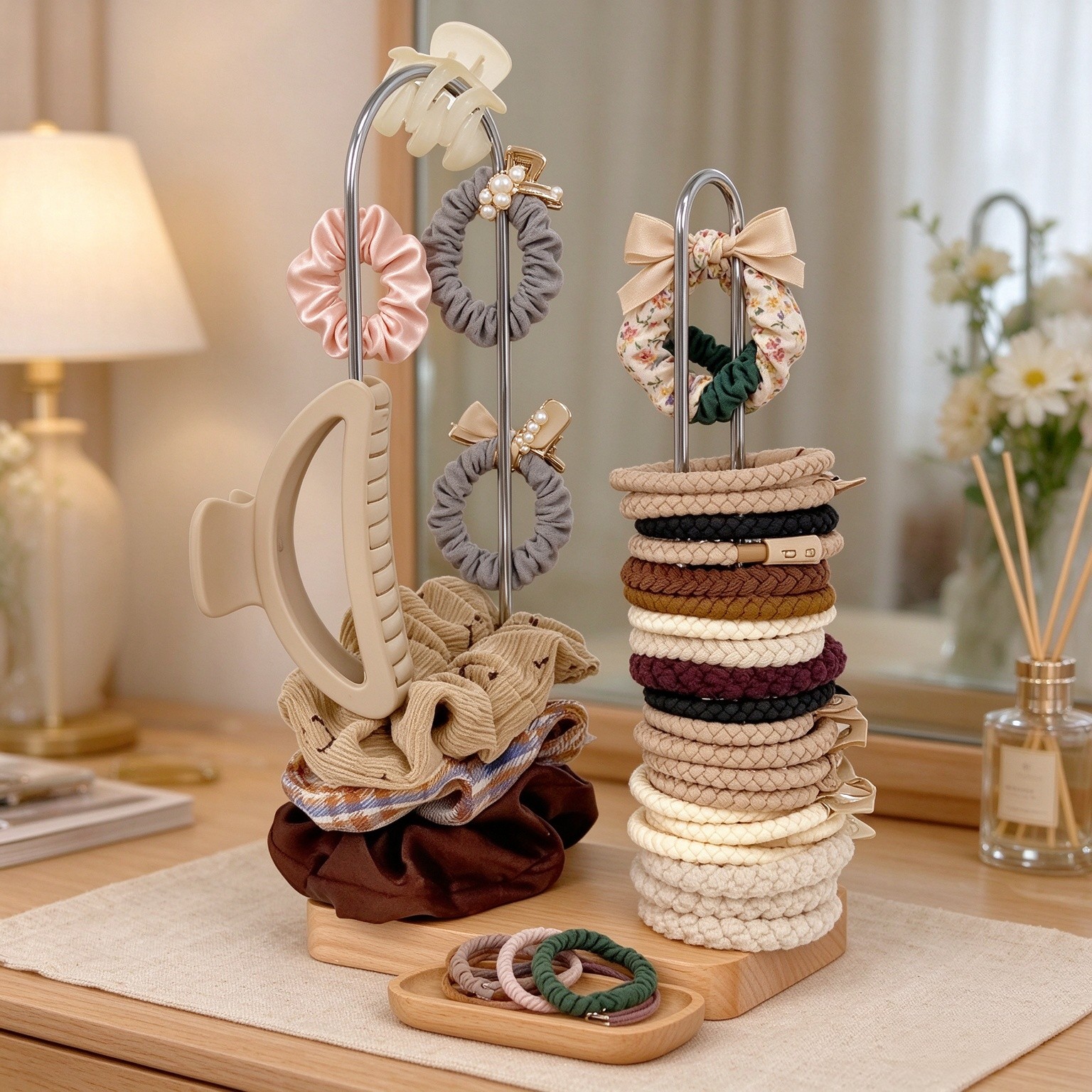 2-Tier Hair Tie Organizer, Modern Scrunchies Storage Tower Holds 50-70 Hair Accessories, Claw Clip Holder, Fashion Countertop Display Stand for Women & Girls(Natural)
