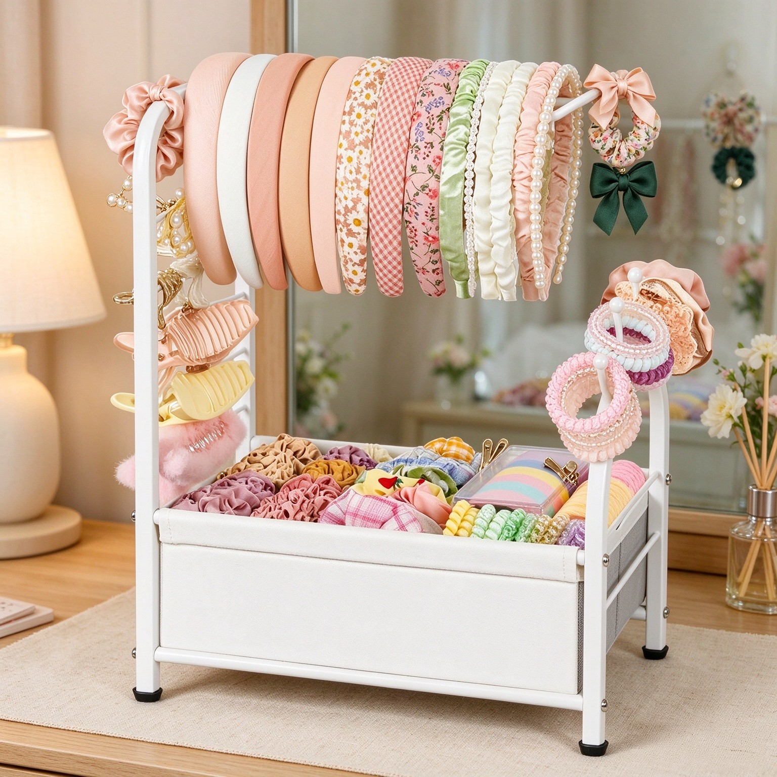 Headband Holder Stand, Versatile Hair Accessories Organizer for Scrunchies, Hair Ties, Bows & Claw Clips - Large Compact Hair Accessories Storage for Girls, Women, Babies