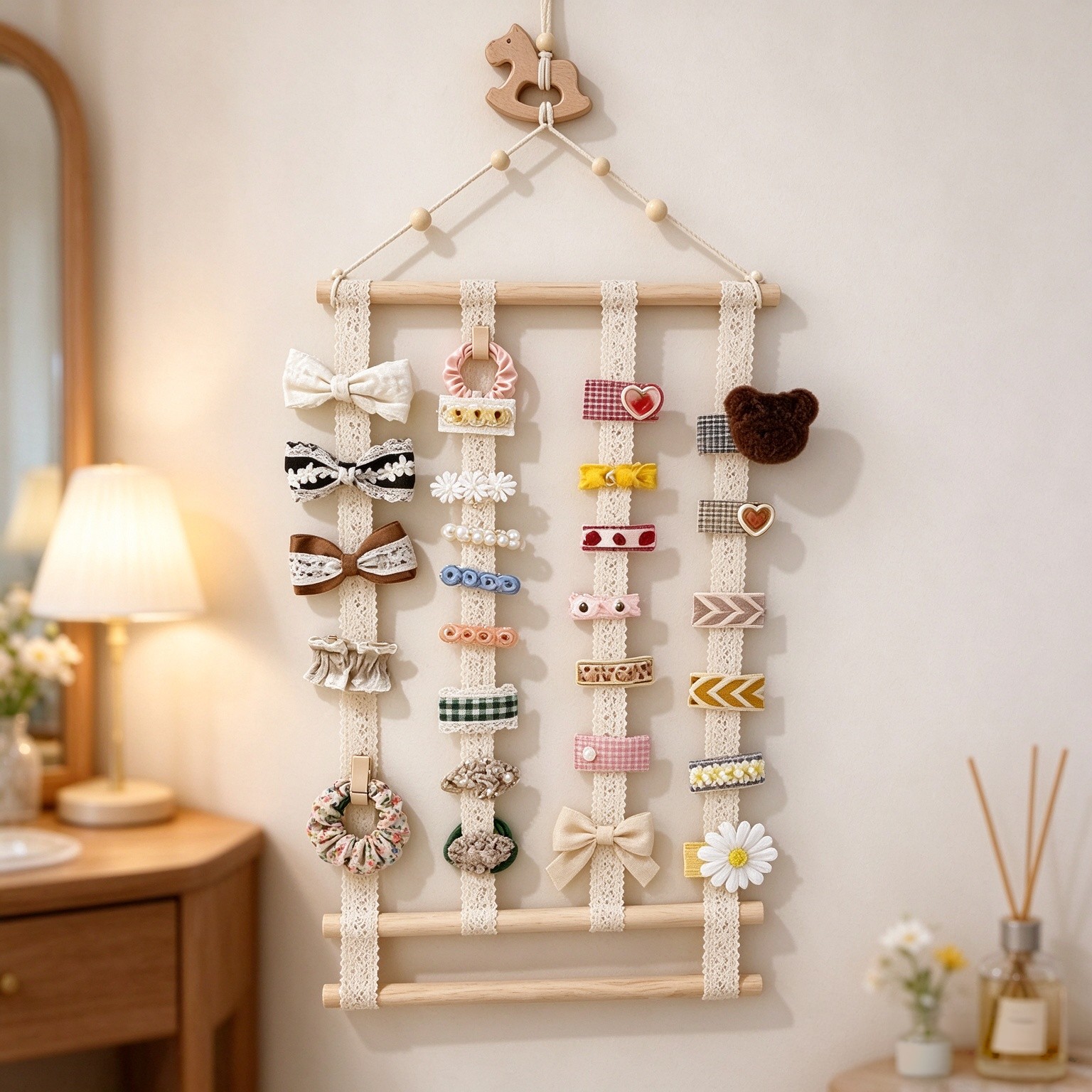 Macrame Hair Bow Holder, Boho Hair Clips Organizer Wall Hanging, Headband Storage Display Rack for Bathroom, Bedroom, Vanity, Hair Accessories Organizer for Clips, Barrettes, Hair Ties, Scrunchies
